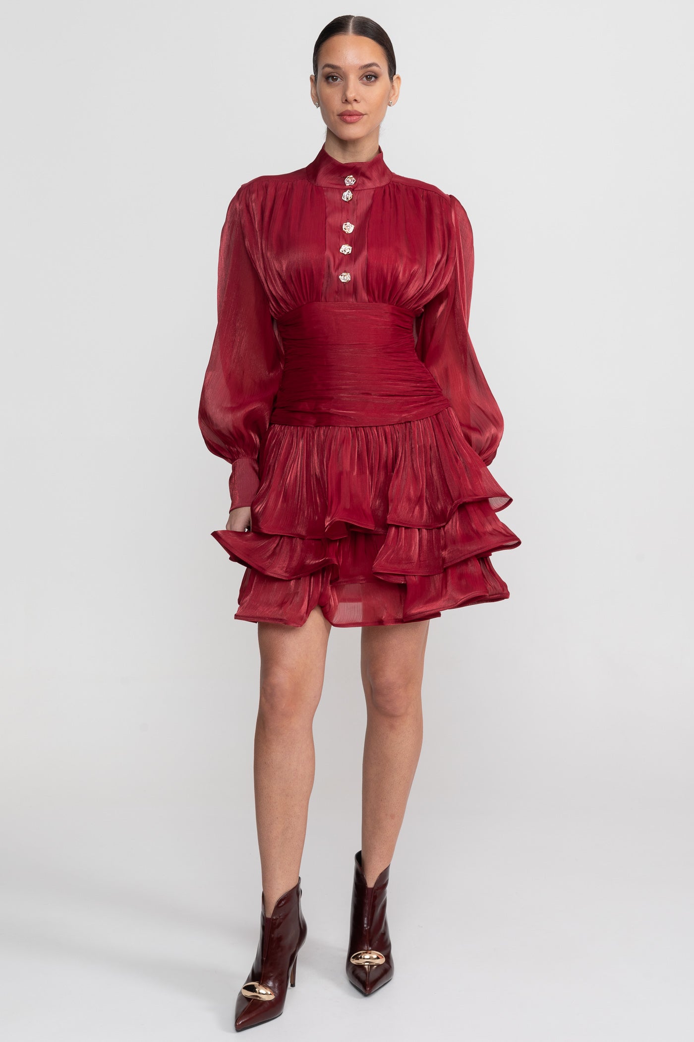Draped Long Sleeve Mini Dress With Tiered Ruffle Skirt - Red