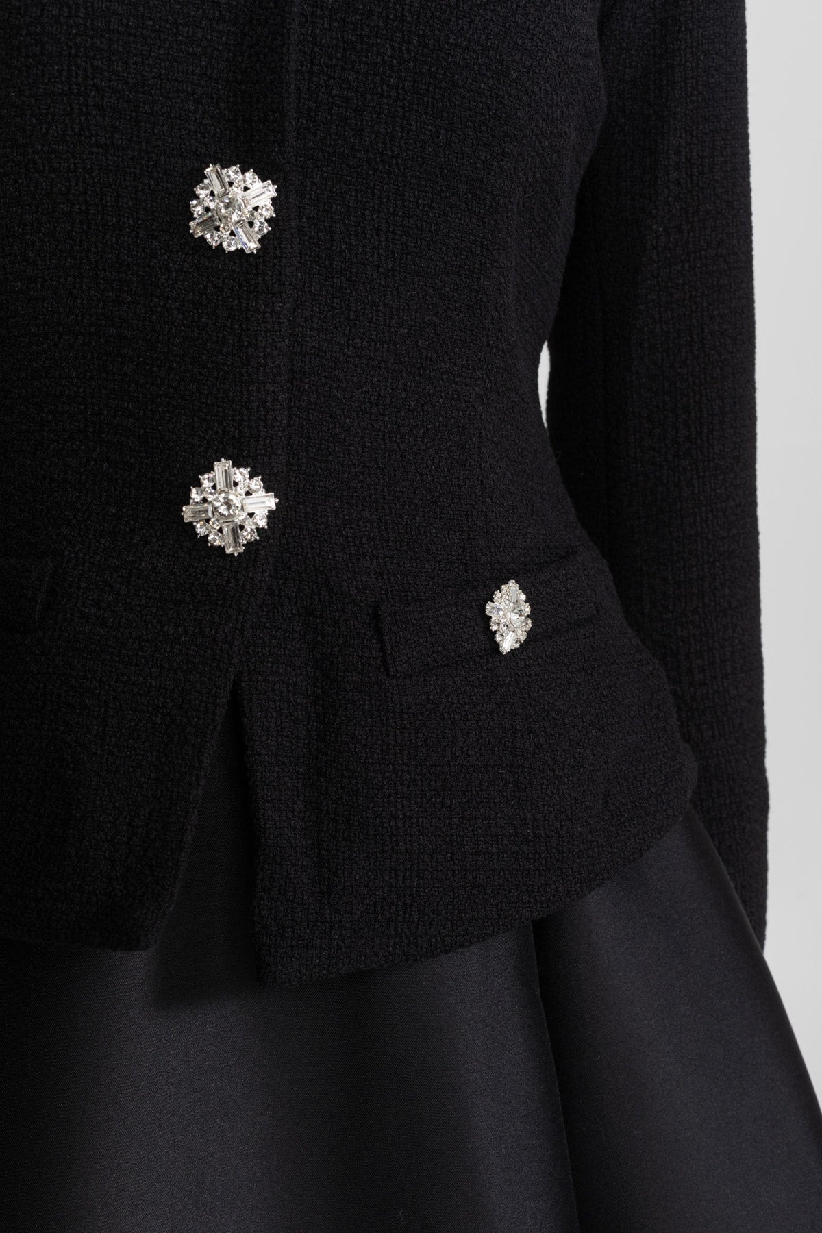 Structured Midi Dress with Embellished Jacket Overlay – Black