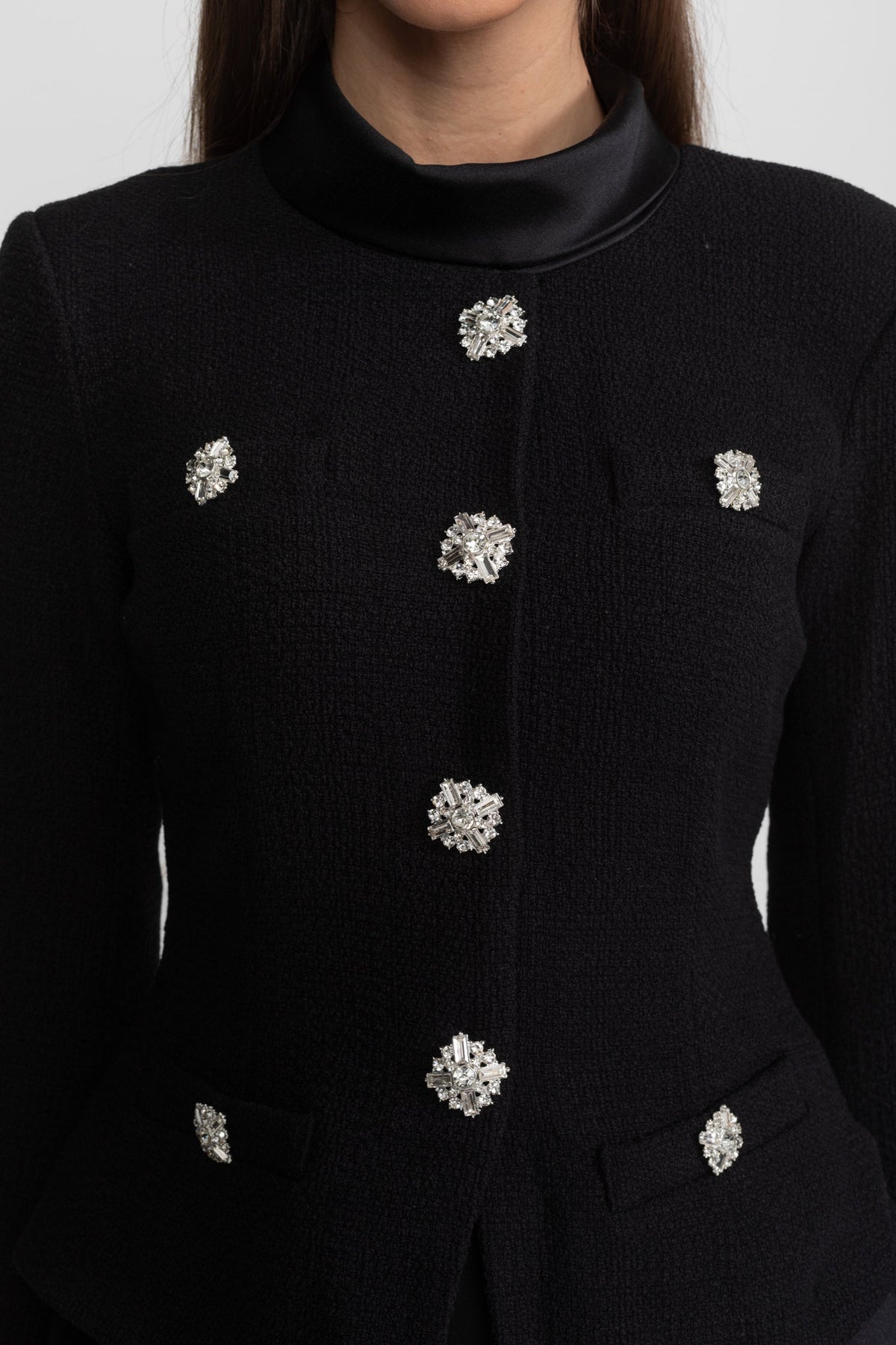 Structured Midi Dress with Embellished Jacket Overlay – Black
