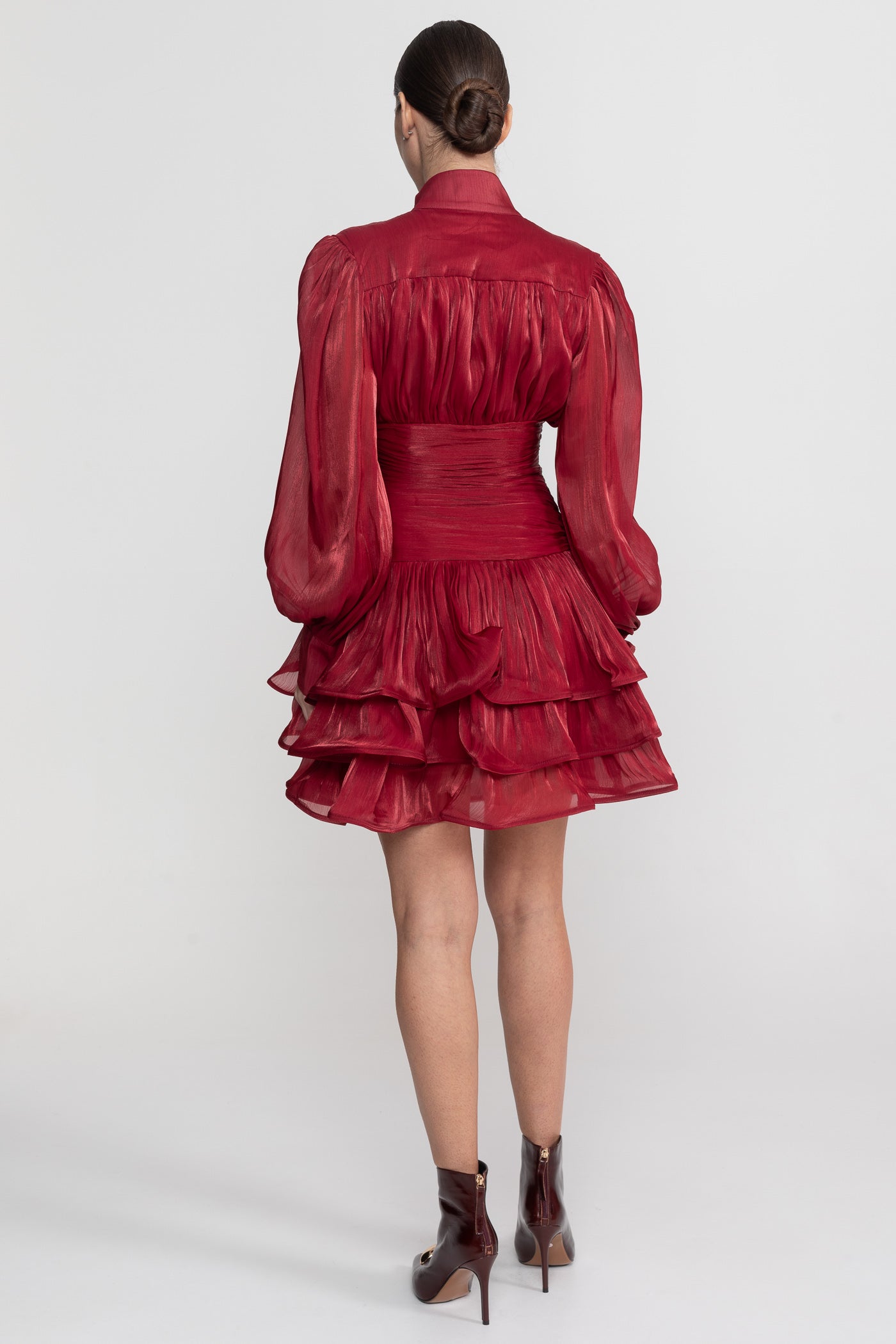 Draped Long Sleeve Mini Dress With Tiered Ruffle Skirt - Red