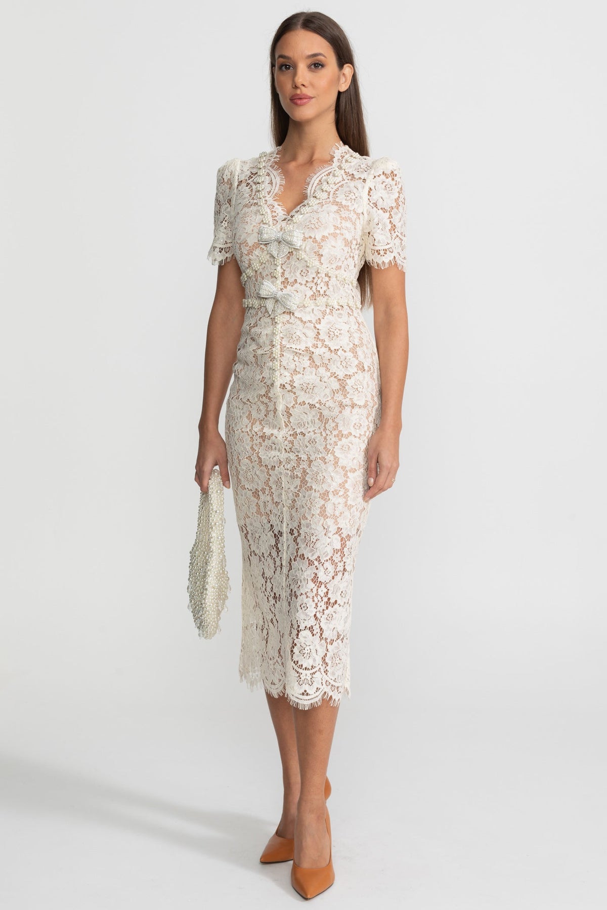 Embellished Lace Midi Dress With Bow Detailing – Ivoire