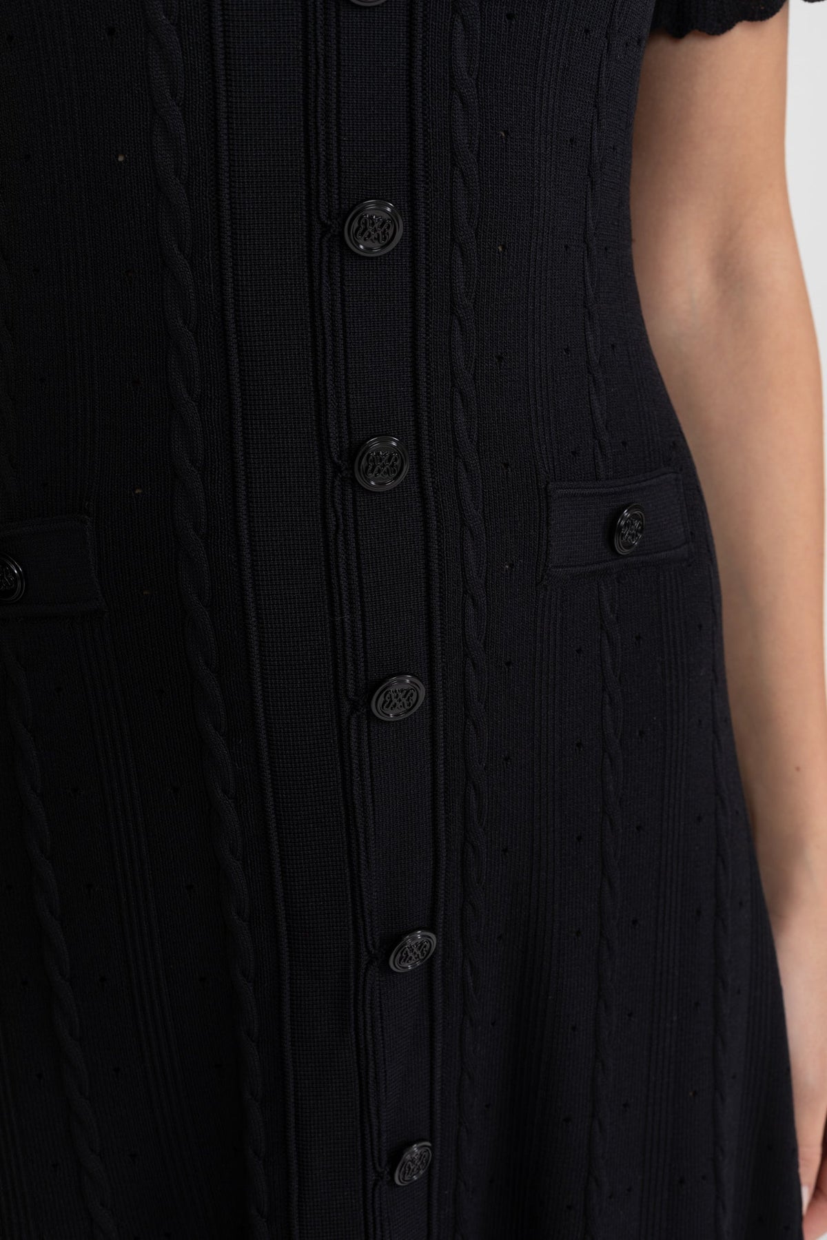 Corinne Black Knit Button-Front Midi Dress with Scalloped Sleeves