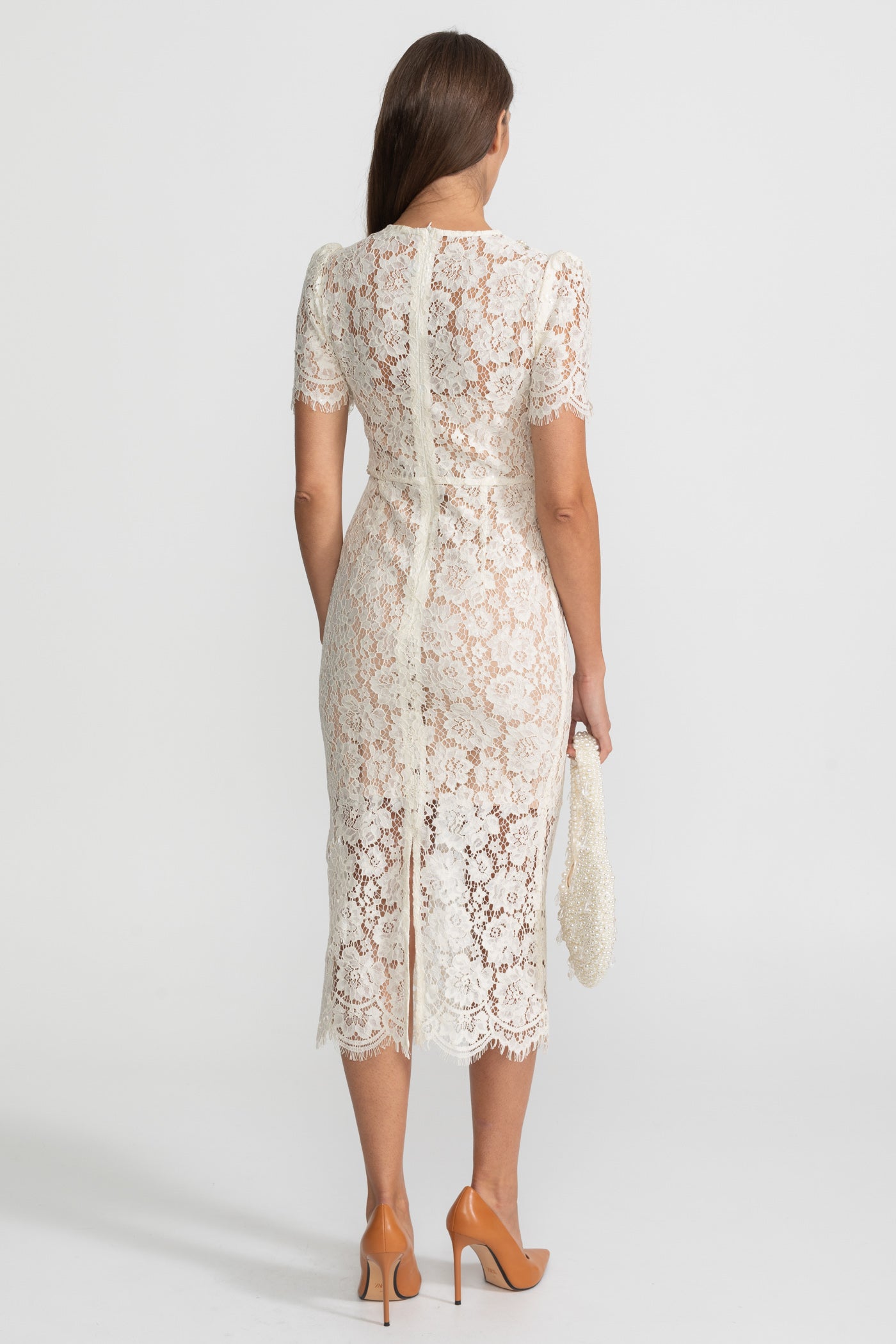 Embellished Lace Midi Dress With Bow Detailing – Ivoire