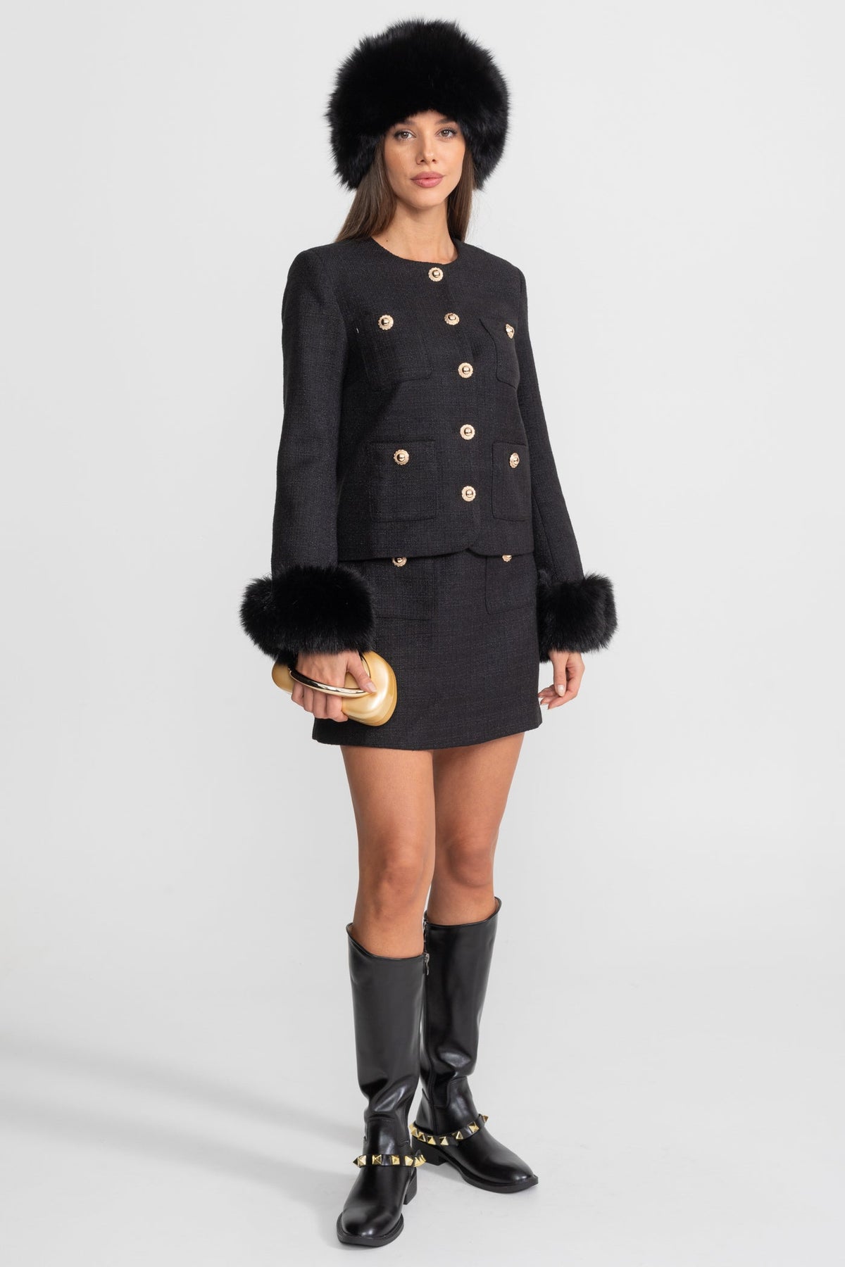 Leocadie Black Tweed Blazer With Faux Fur Cuffs And Gold Buttons