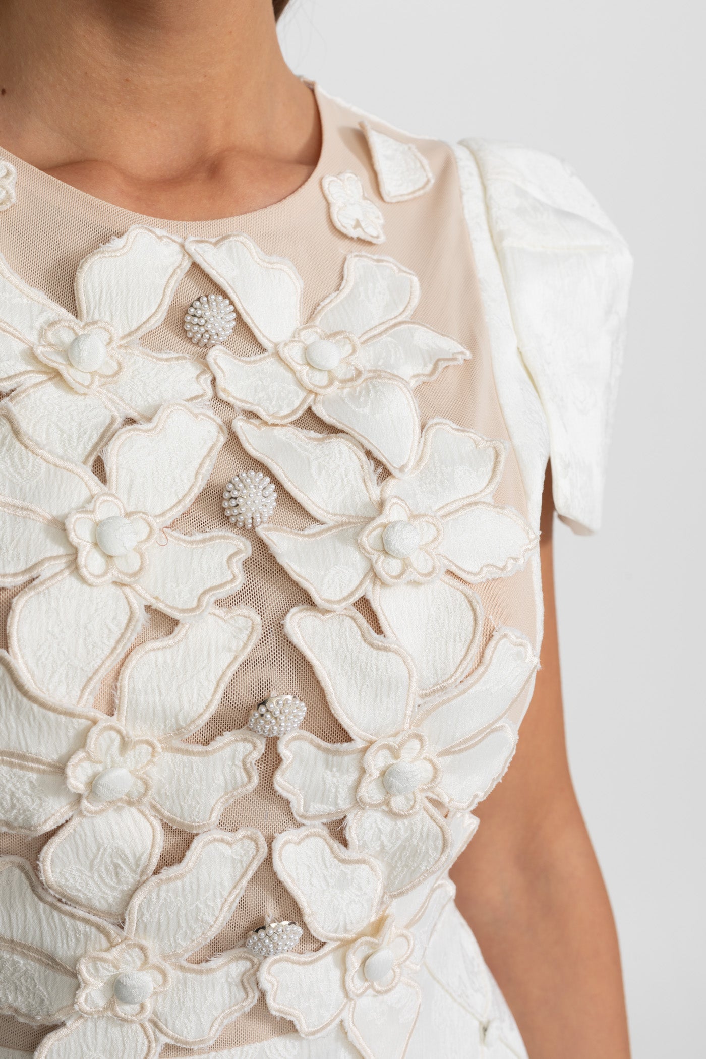 3D Floral Appliqué Mini Dress With Quilted Skirt – White