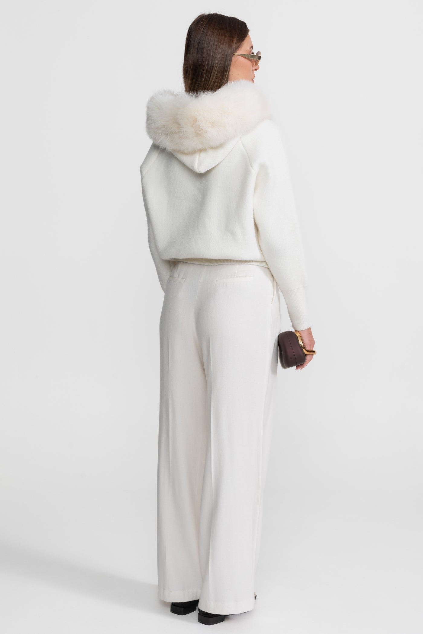Zip-Up Wool Hoodie With Fox Fur Collar – White
