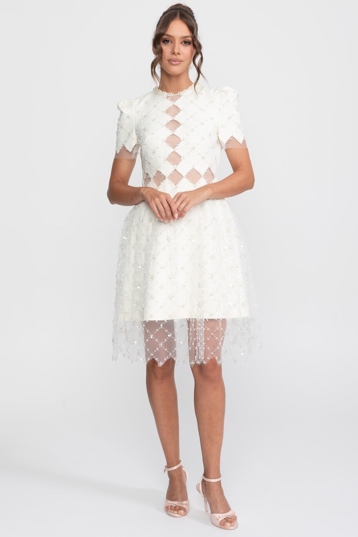 Diamond Cut-Out Beaded Dress With Pearl Trim - White
