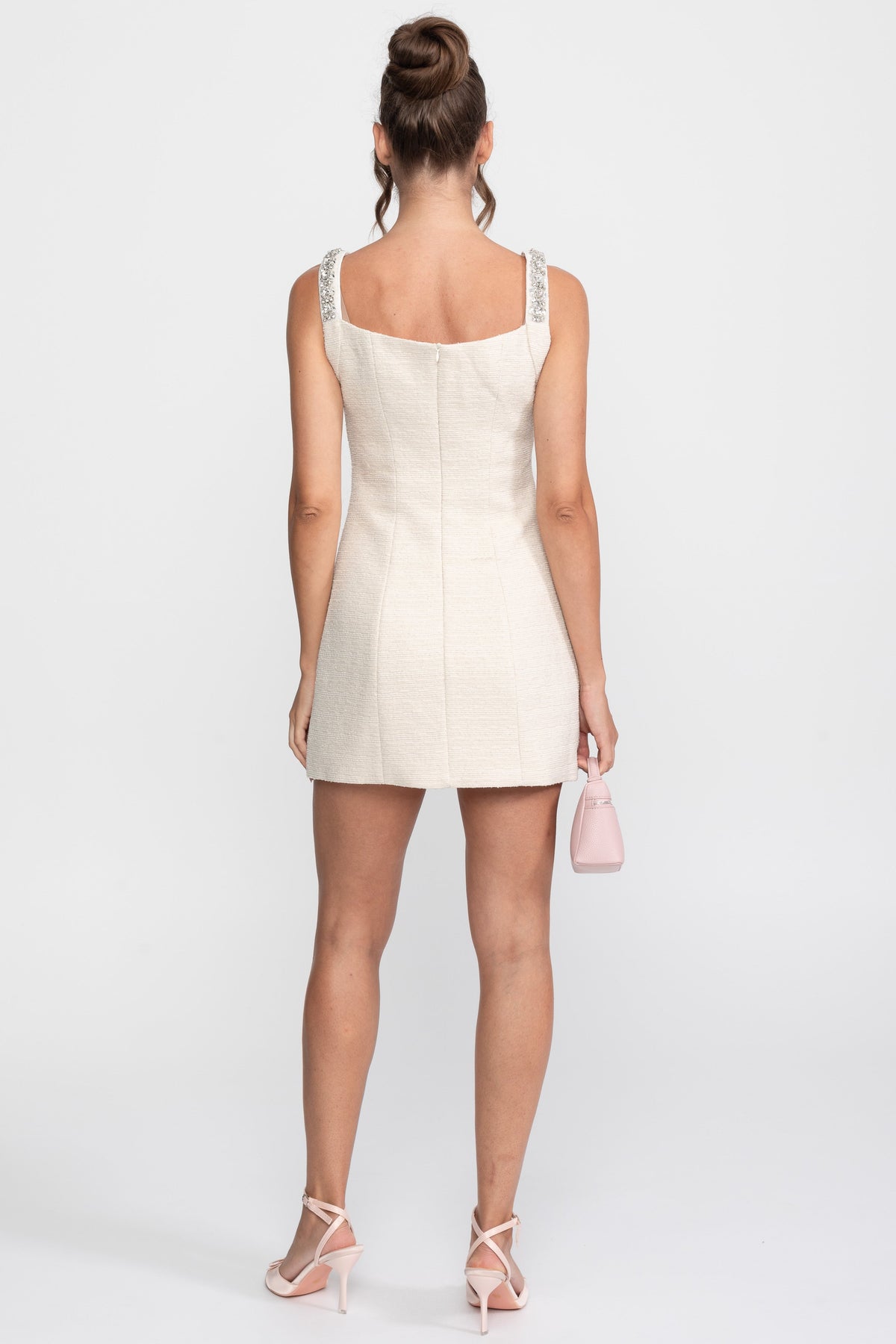 Crystal Strap Slit Mini Dress With Sparkling Button Details - Ivoire