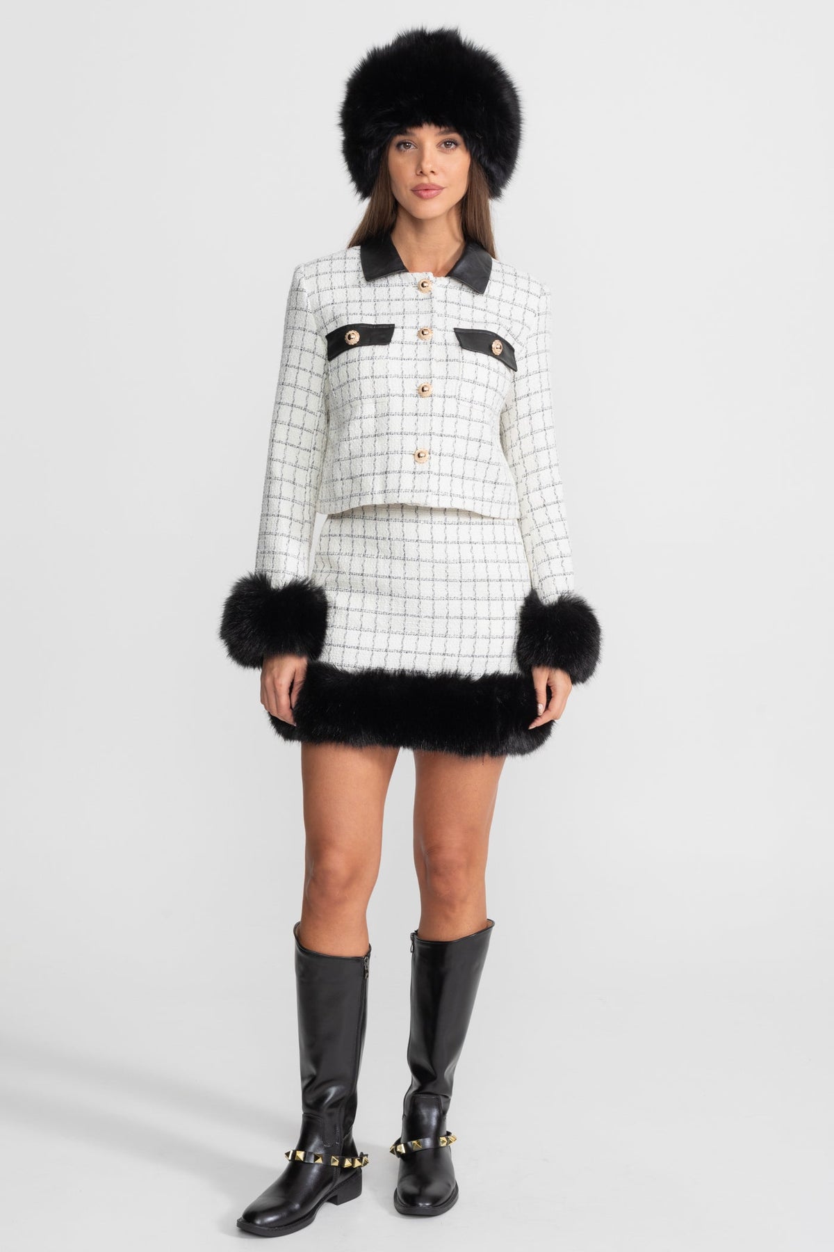 Aurore White And Black Tweed Co-Ord Set With Faux Fur Trim And Contrast Leather Details