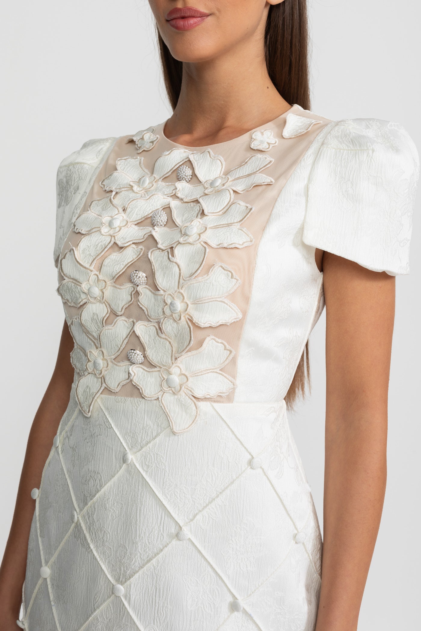 3D Floral Appliqué Mini Dress With Quilted Skirt – White