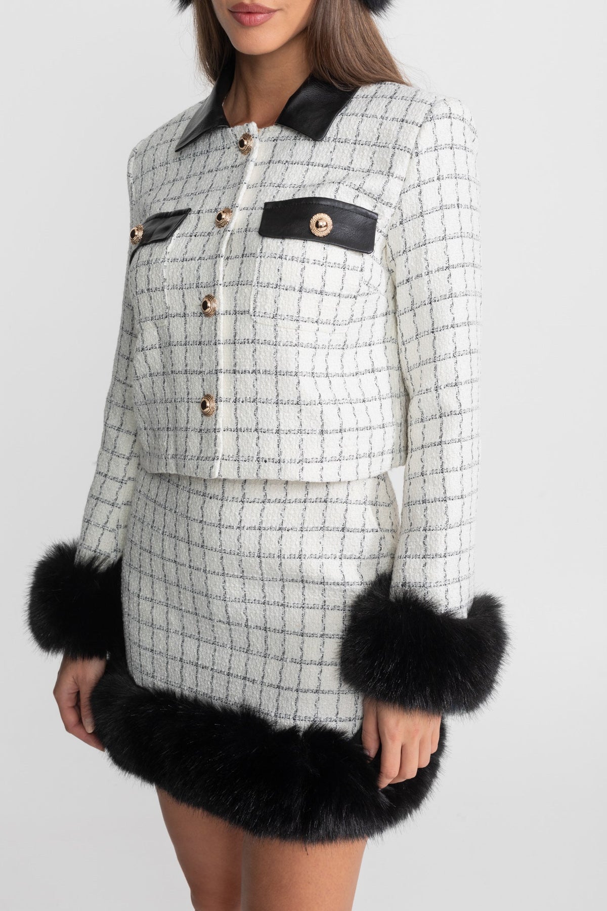 Aurore White And Black Tweed Co-Ord Set With Faux Fur Trim And Contrast Leather Details