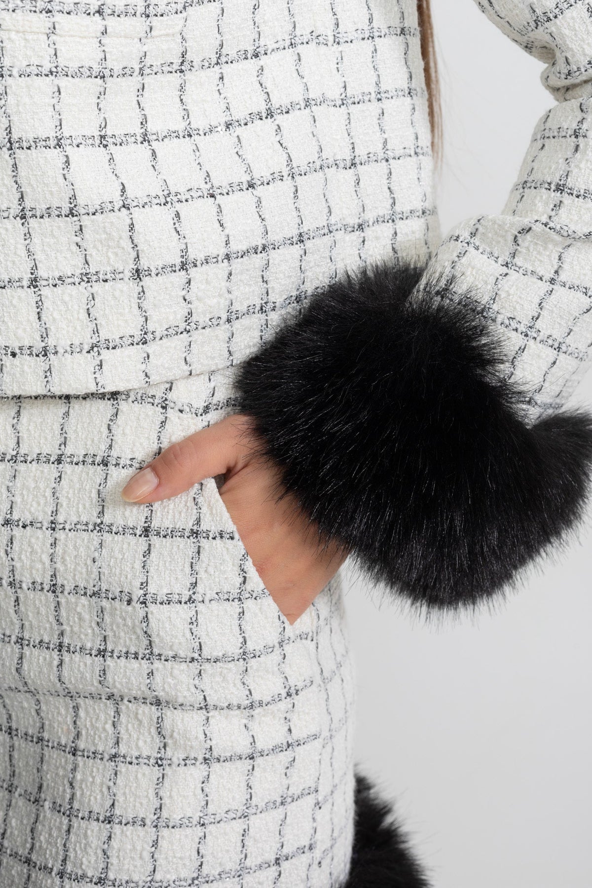 Aurore White And Black Tweed Co-Ord Set With Faux Fur Trim And Contrast Leather Details