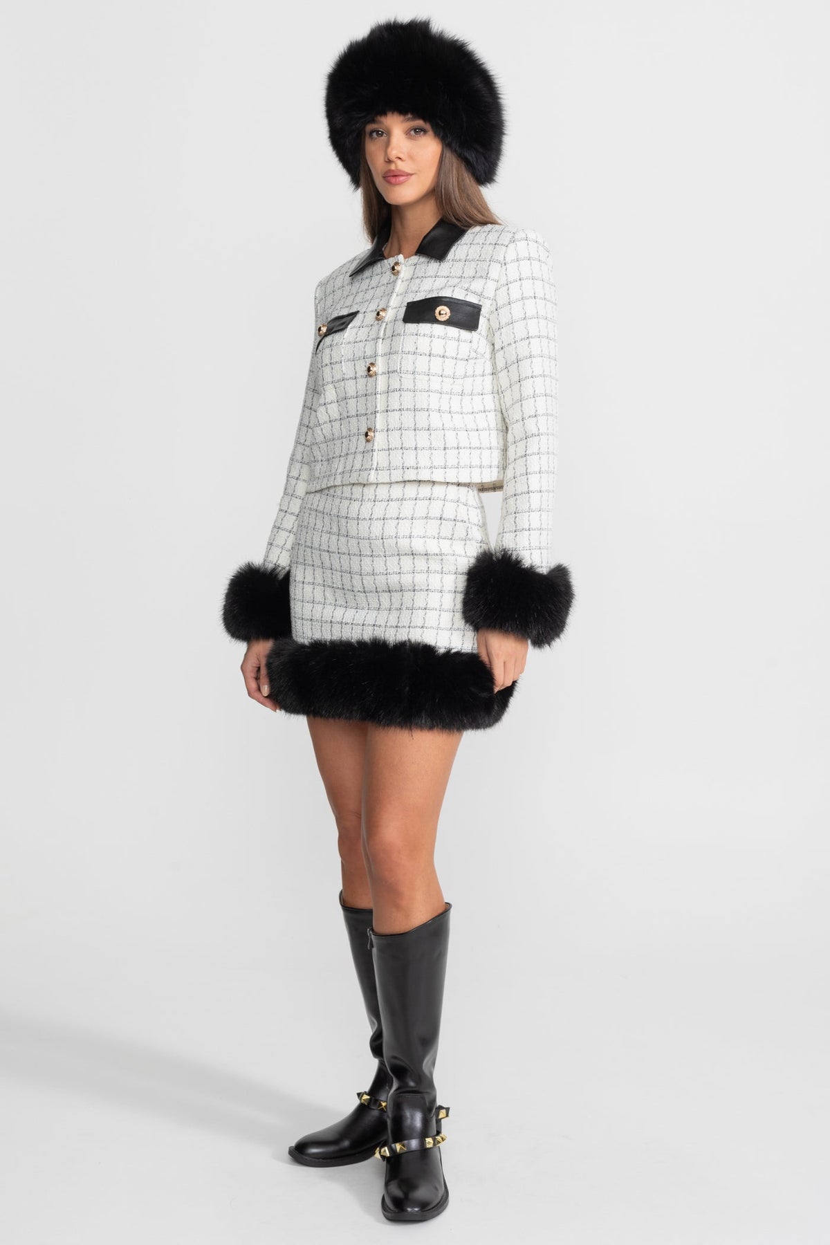 Aurore White And Black Tweed Co-Ord Set With Faux Fur Trim And Contrast Leather Details