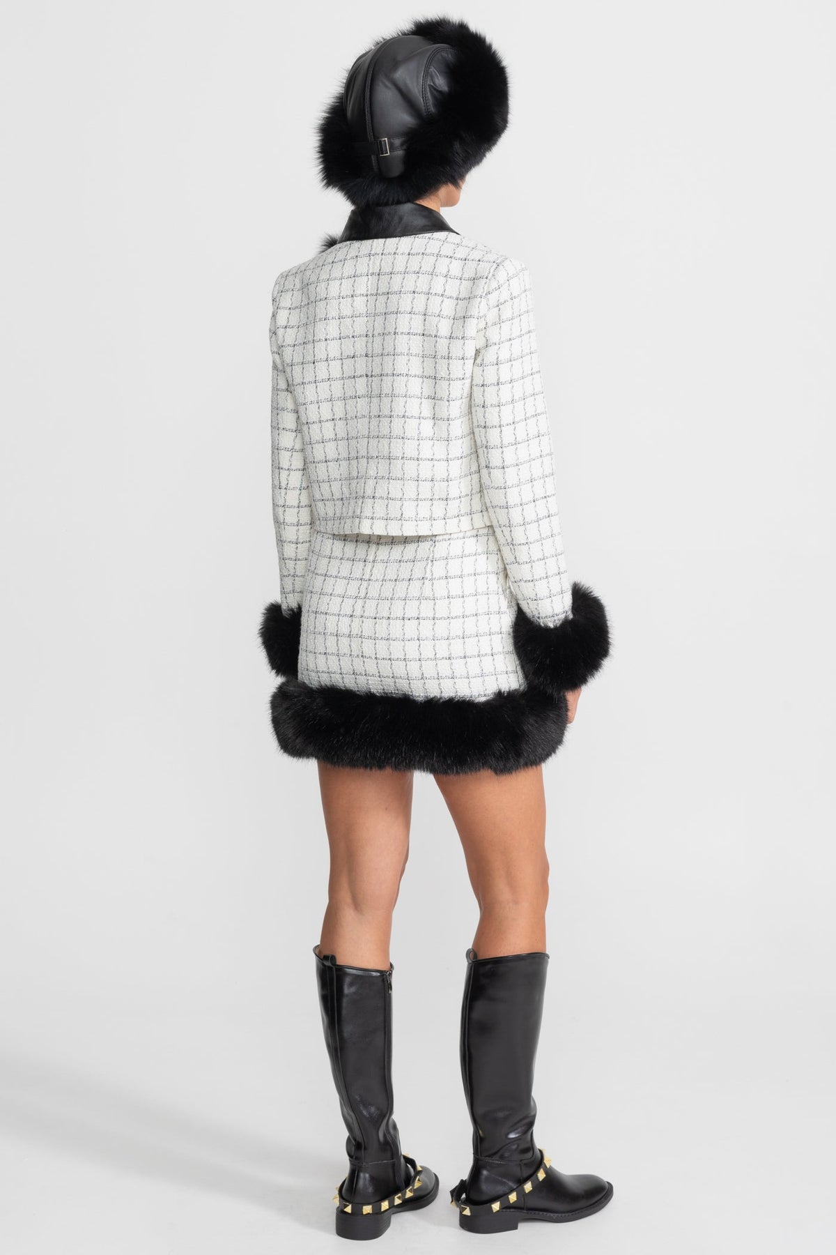 Aurore White And Black Tweed Co-Ord Set With Faux Fur Trim And Contrast Leather Details