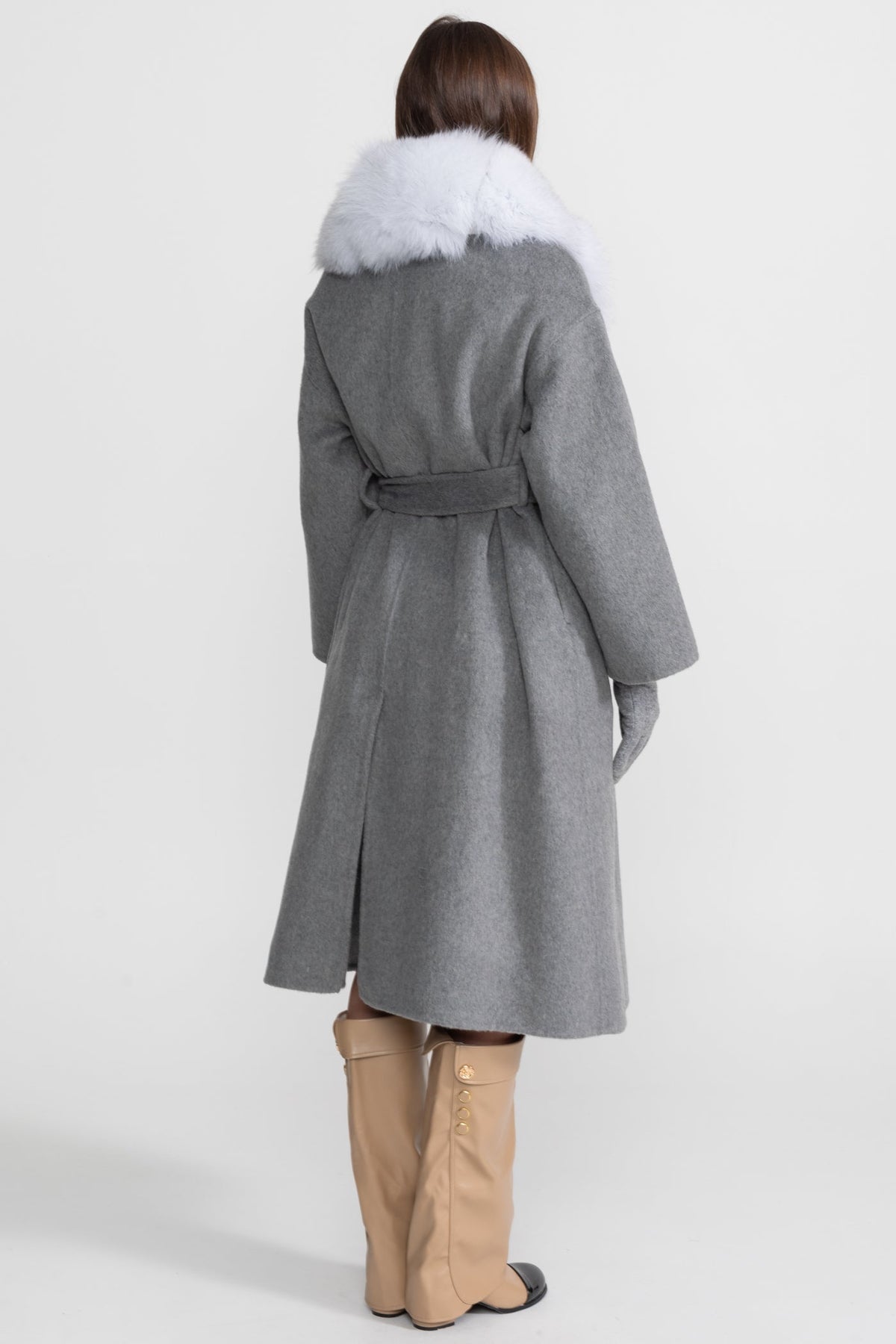 Wool Wrap Coat with Fox Fur Collar And Tie Belt – Gray