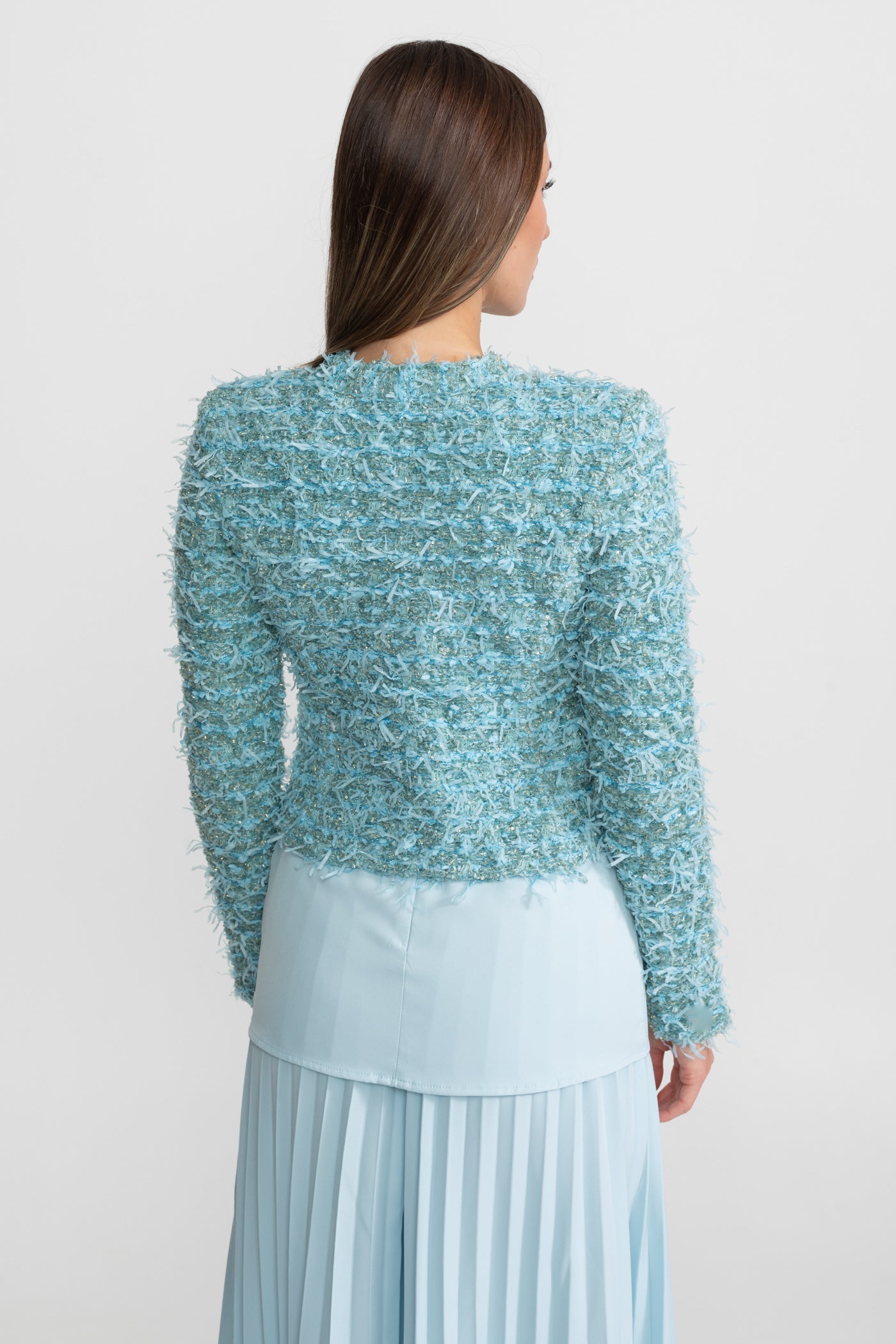 Textured Tweed Jacket With Gold Button Embellishments – Blue