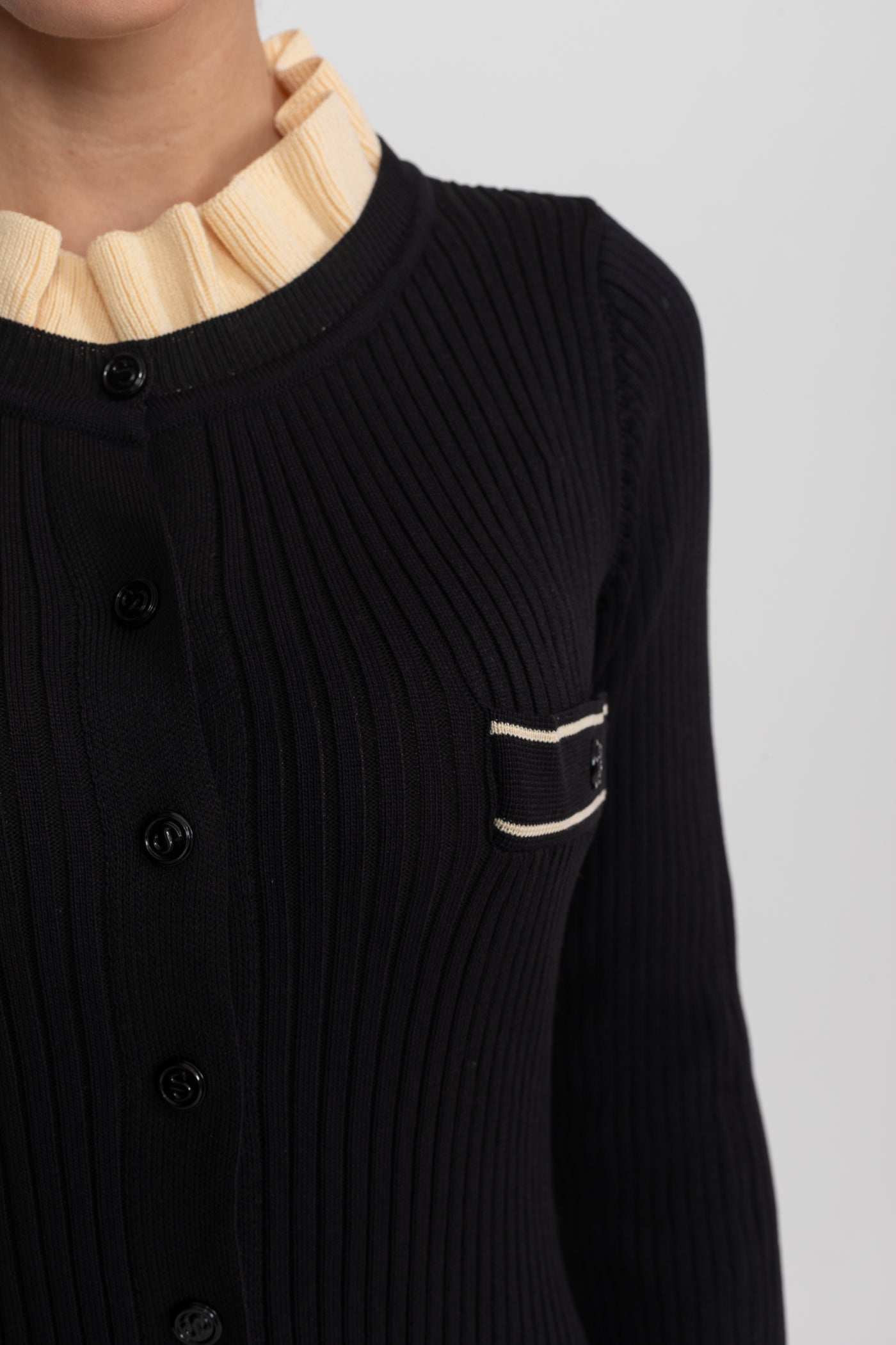 Guinevere Black Long Sleeve Midi Dress With Button-Through Front And Contrast Pocket Trim