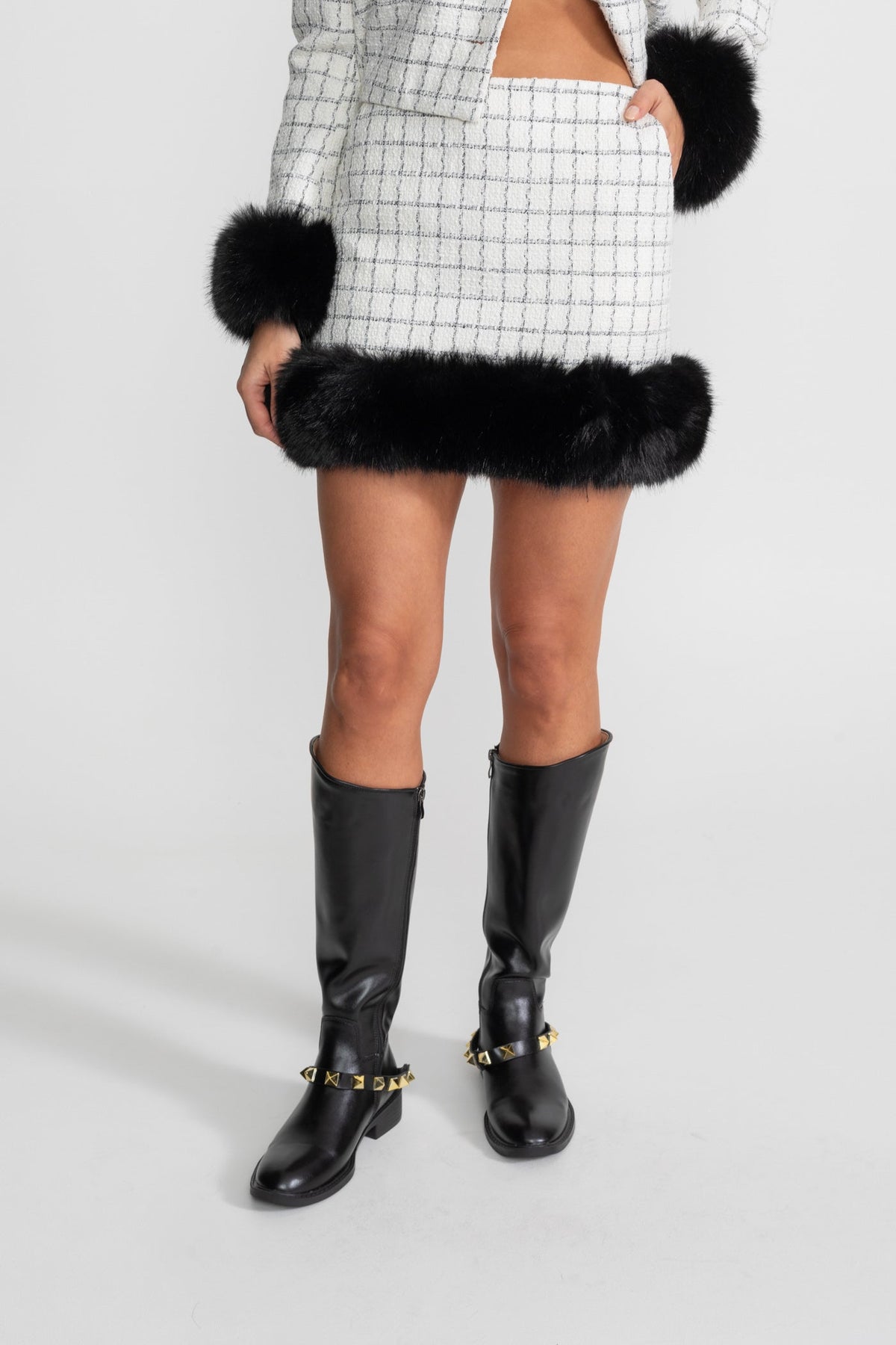 Aurore White And Black Tweed Co-Ord Set With Faux Fur Trim And Contrast Leather Details