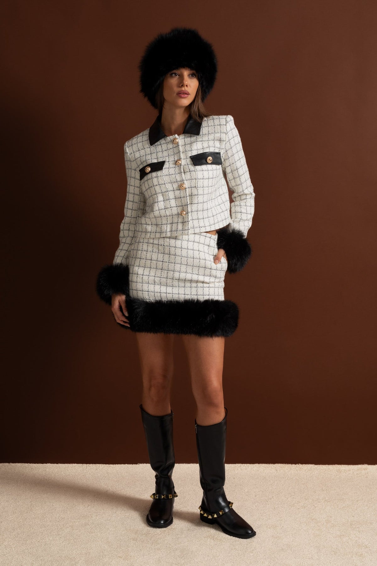 Aurore White And Black Tweed Co-Ord Set With Faux Fur Trim And Contrast Leather Details