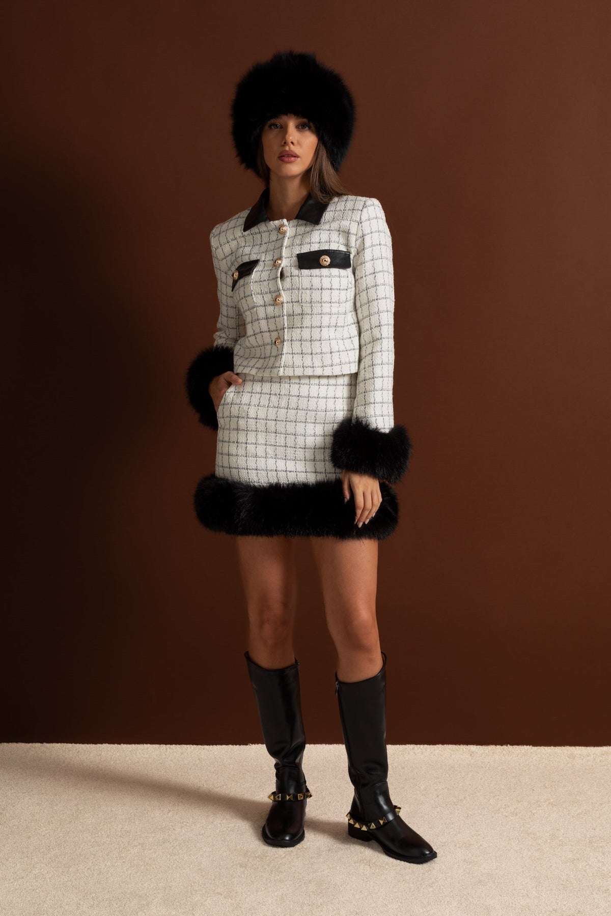 Aurore White And Black Tweed Co-Ord Set With Faux Fur Trim And Contrast Leather Details
