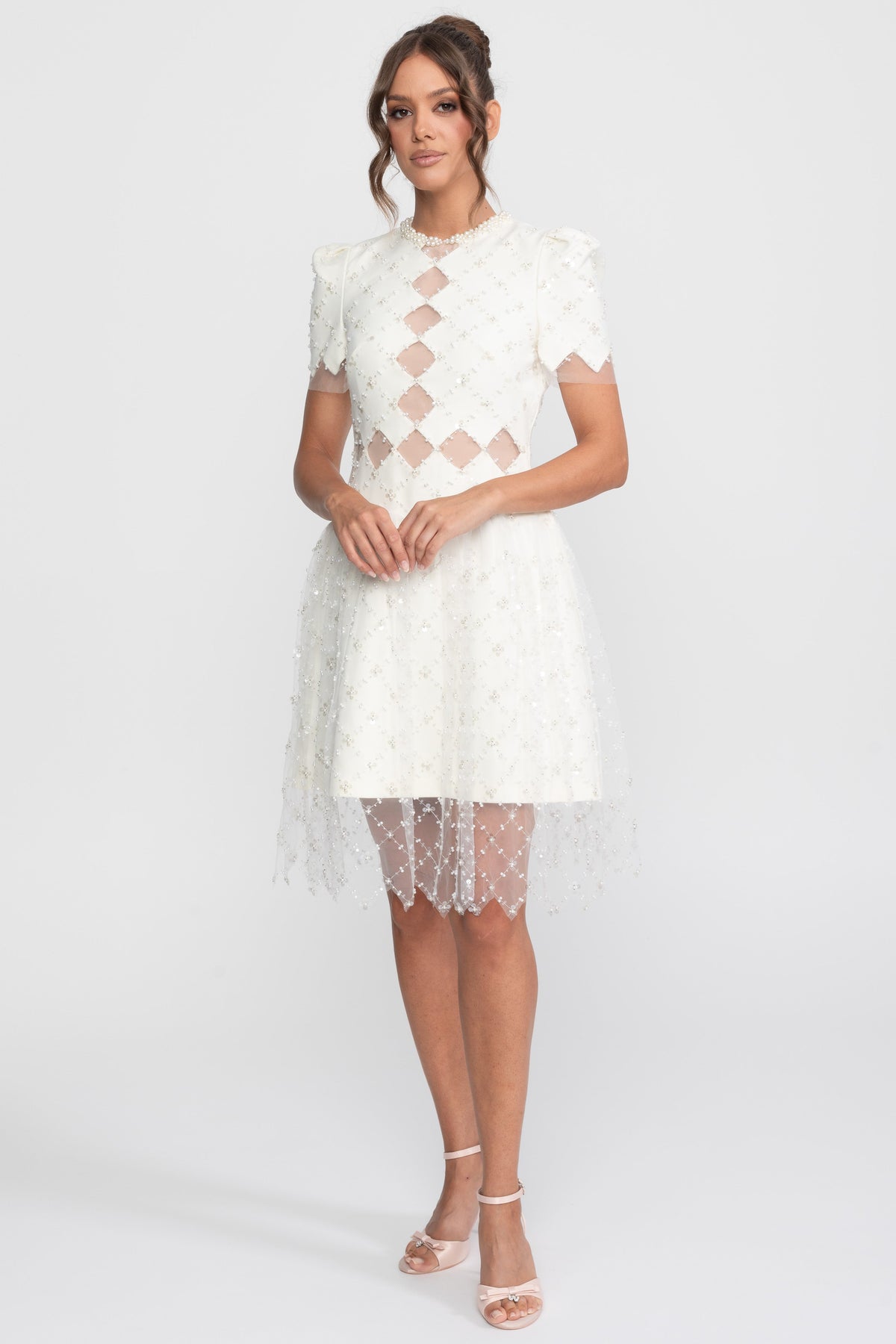 Diamond Cut-Out Beaded Dress With Pearl Trim - White