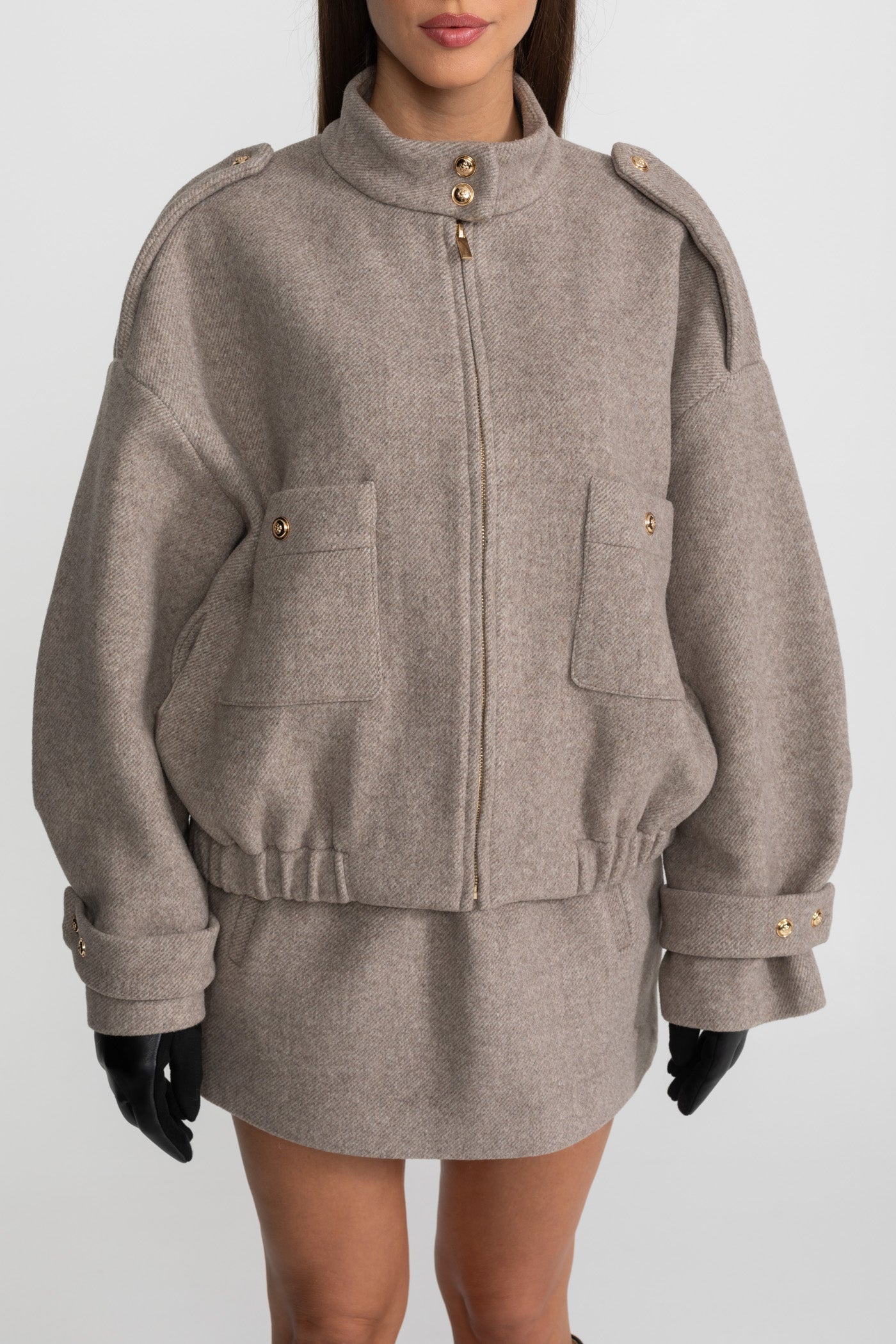 Structured Wool Bomber Jacket and Mini Skirt Co-Ord Set – Taupe