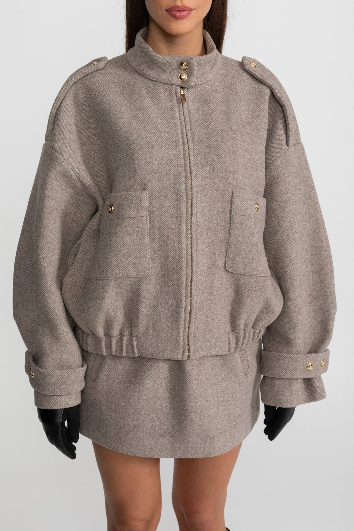 Structured Wool Bomber Jacket and Mini Skirt Co-Ord Set – Taupe