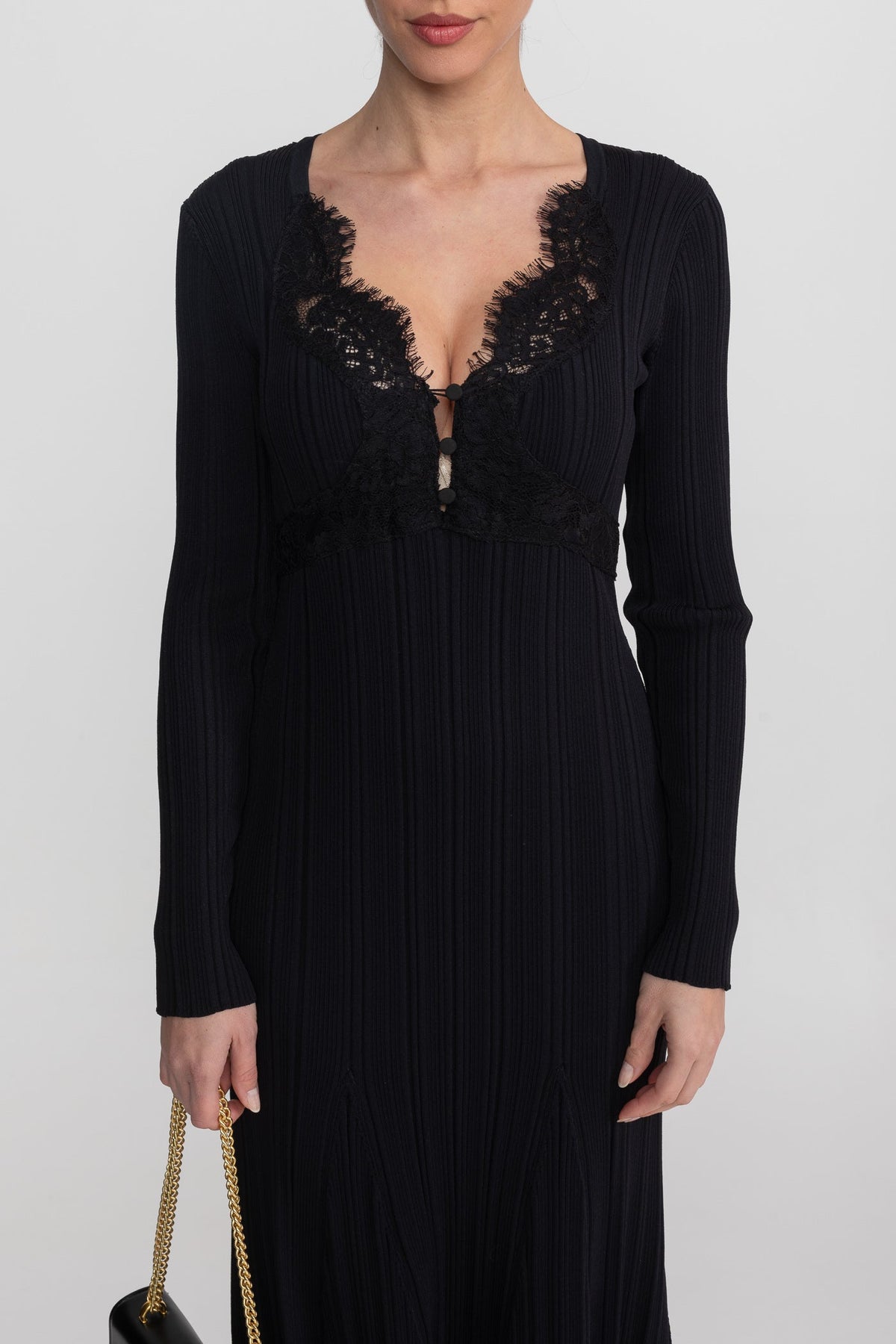 Leontine Black Ribbed Long Sleeve Midi Dress With Lace-Trim V-Neckline