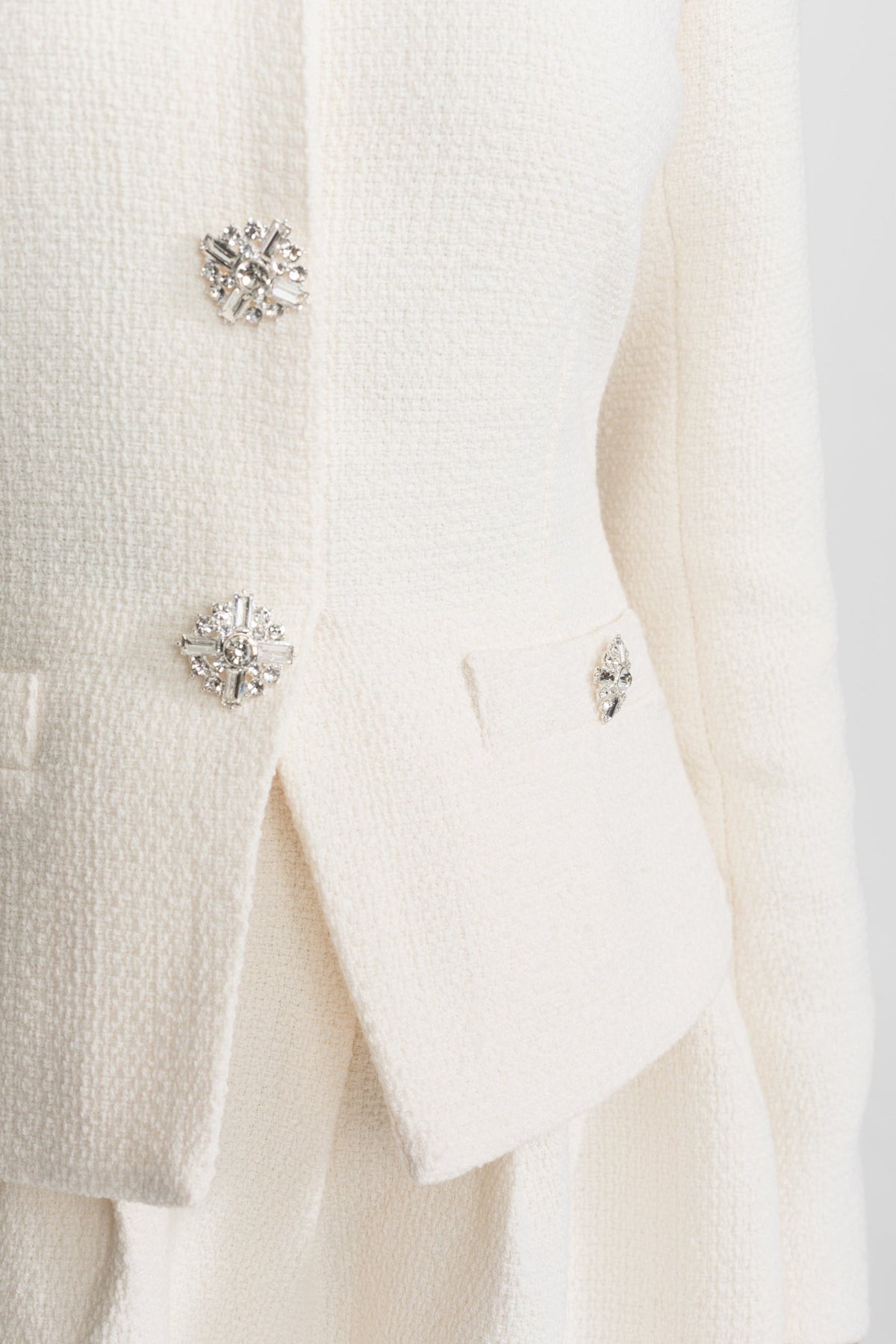 Textured Mini Dress with Crystal Button Embellishments – Ivoire