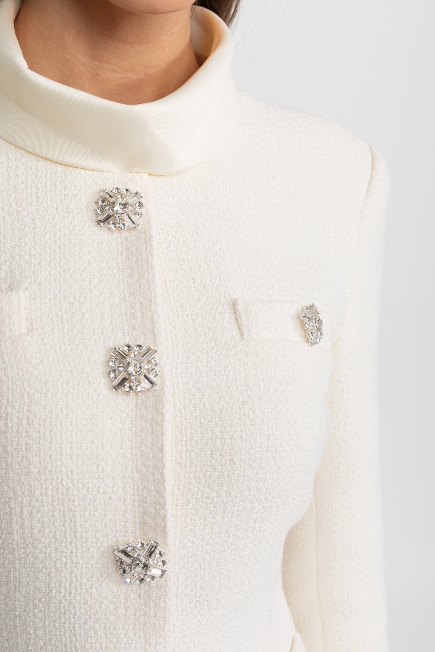 Textured Mini Dress with Crystal Button Embellishments – Ivoire