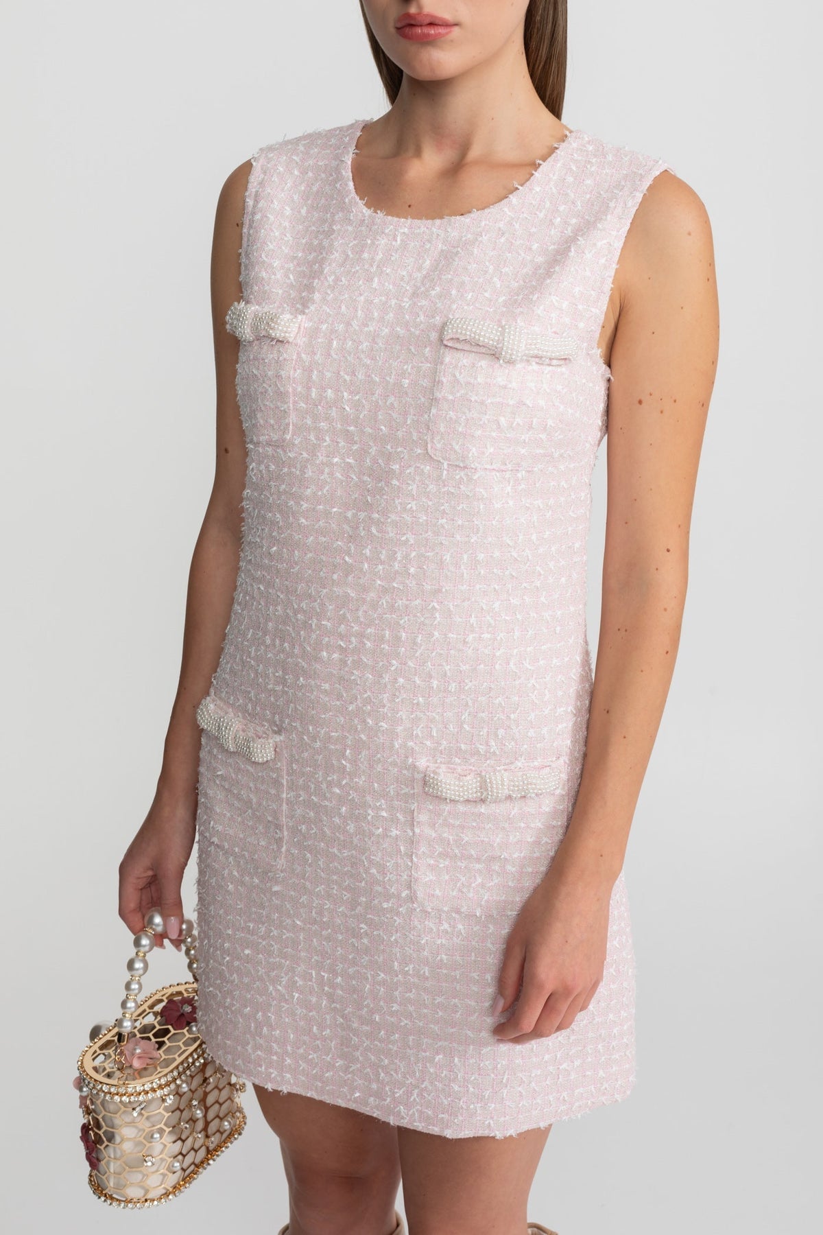 Clemence Light Pink Embellished Tweed Mini Dress With Delicate Pearl Trim