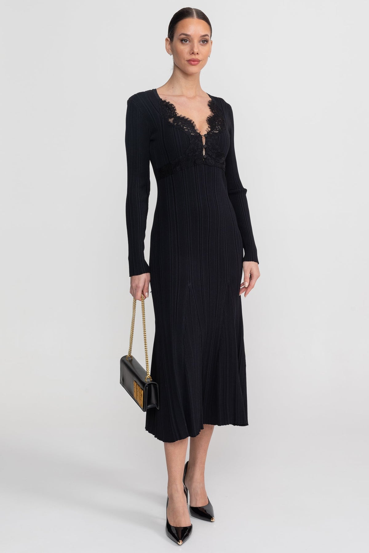 Leontine Black Ribbed Long Sleeve Midi Dress With Lace-Trim V-Neckline