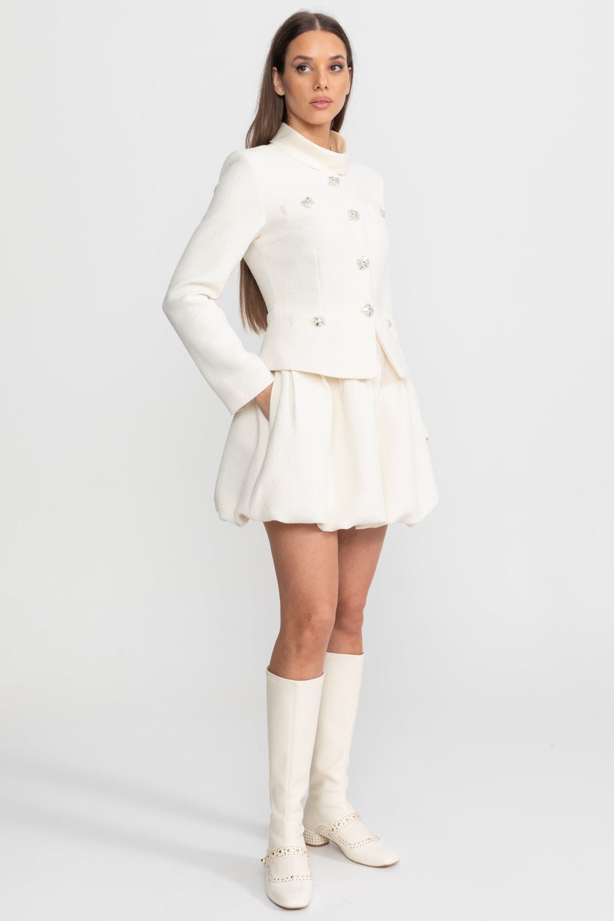 Textured Mini Dress with Crystal Button Embellishments – Ivoire