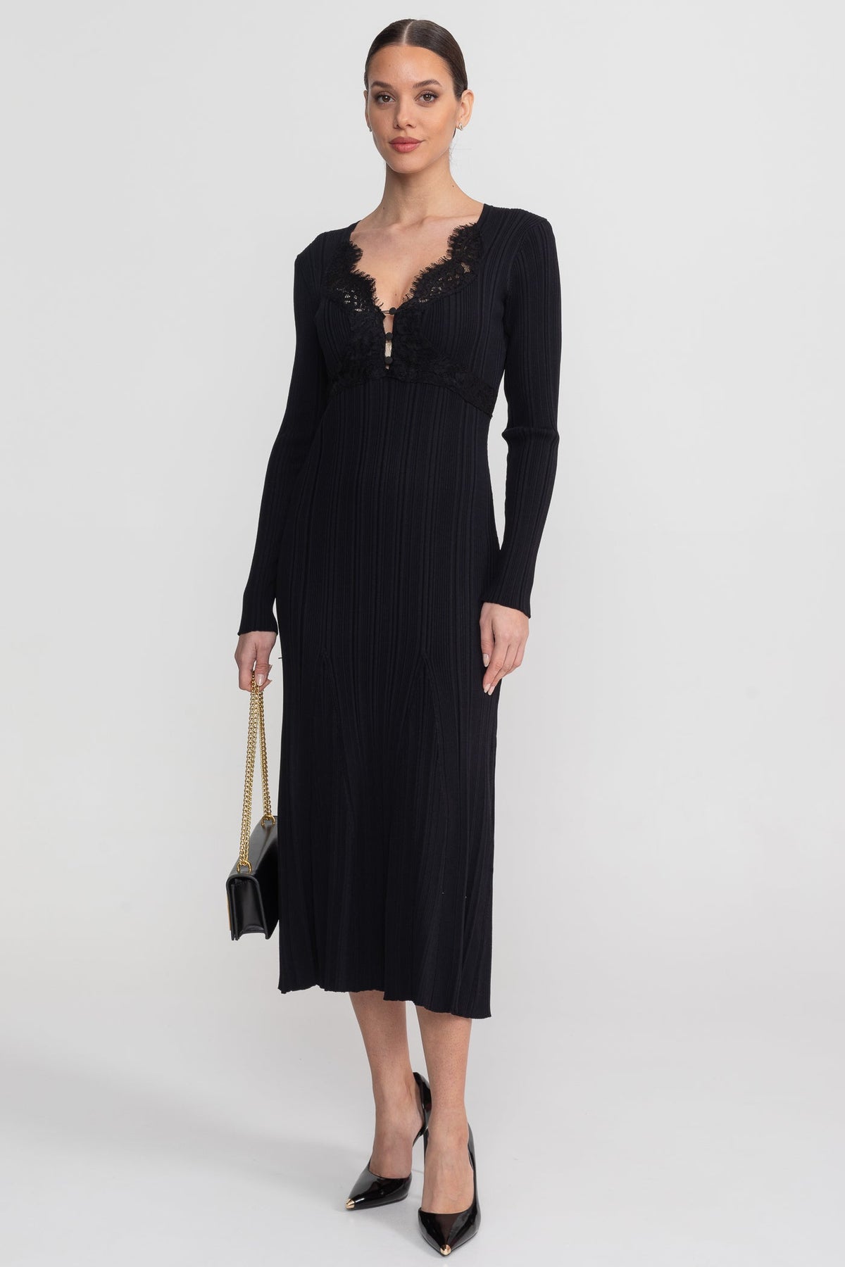 Leontine Black Ribbed Long Sleeve Midi Dress With Lace-Trim V-Neckline