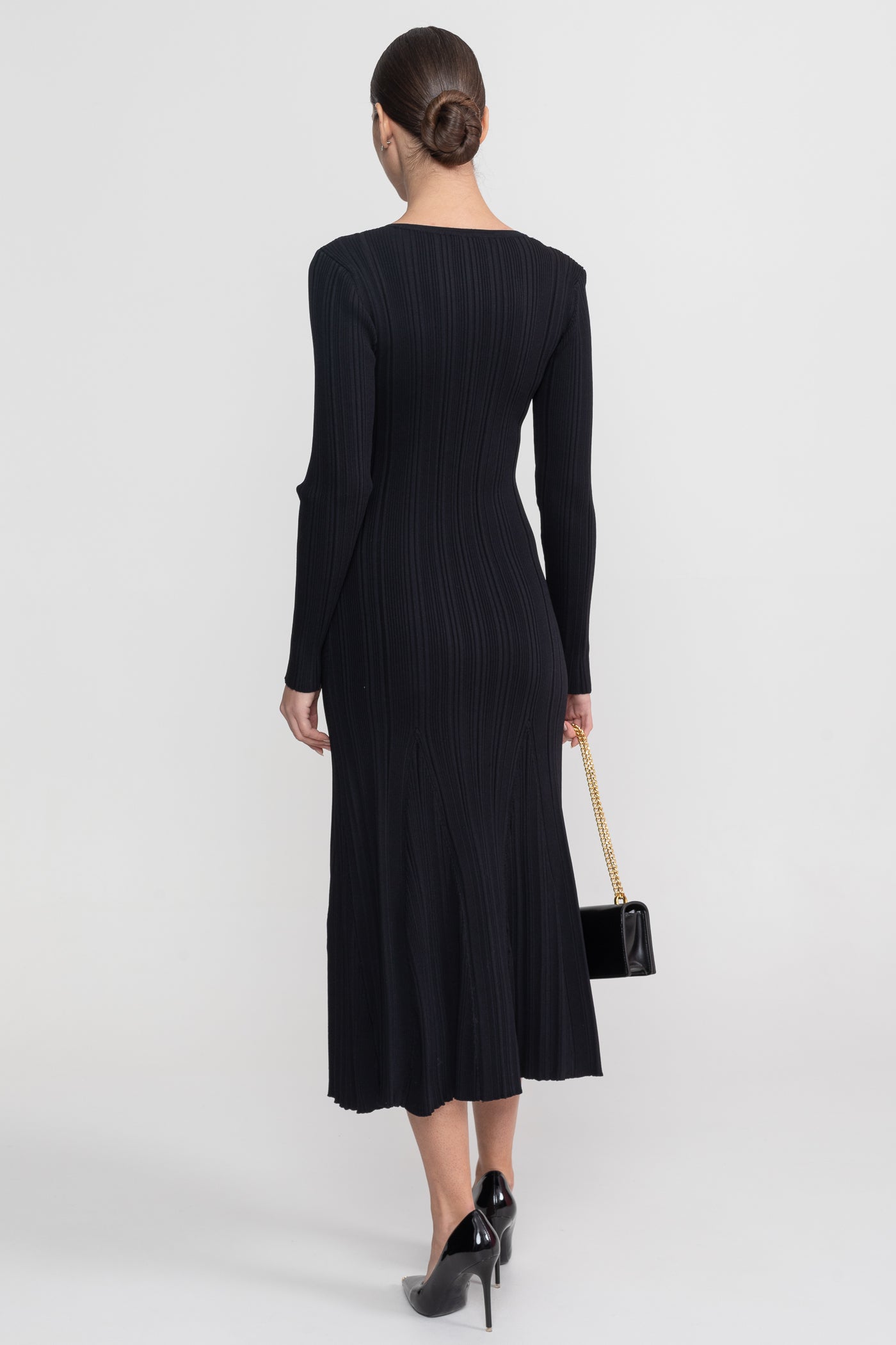 Leontine Black Ribbed Long Sleeve Midi Dress With Lace-Trim V-Neckline
