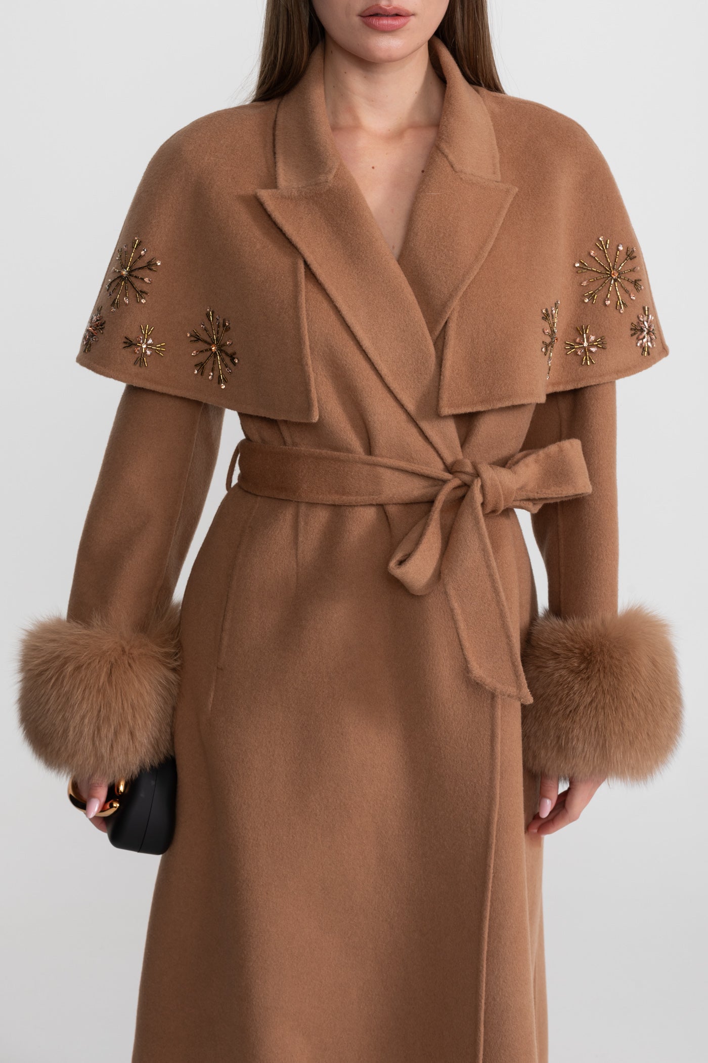 Embellished Wool Coat with Fox Fur Cuffs And Cape Overlay - Light Brown