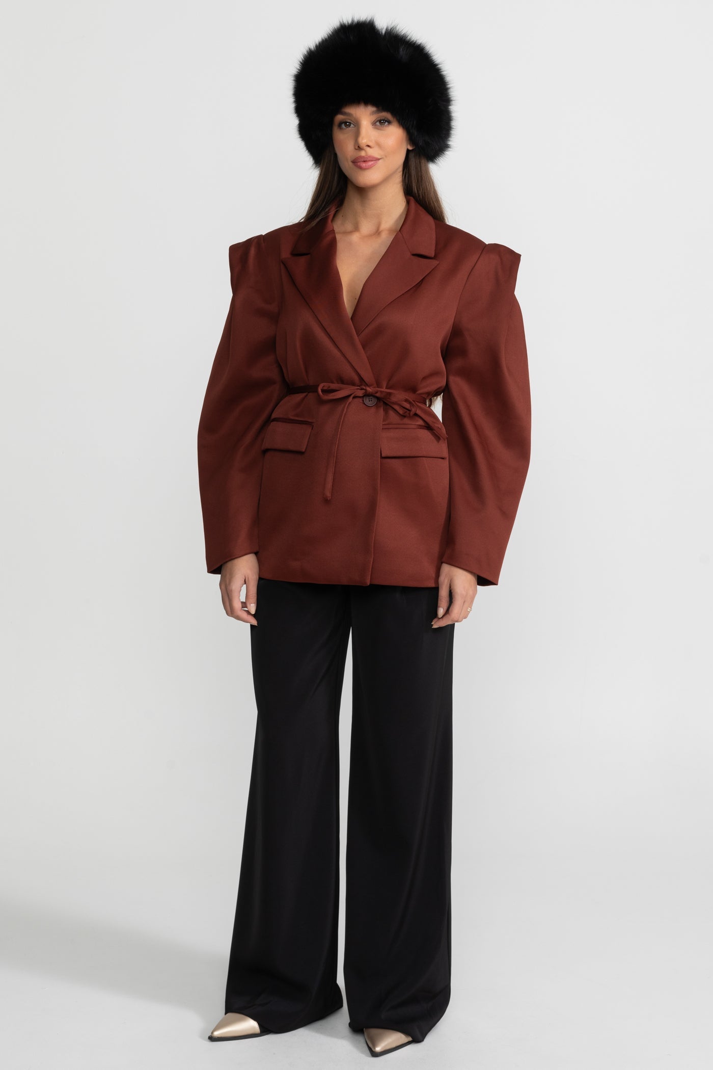 Structured Satin Blazer With Tie Belt - Chestnut Brown