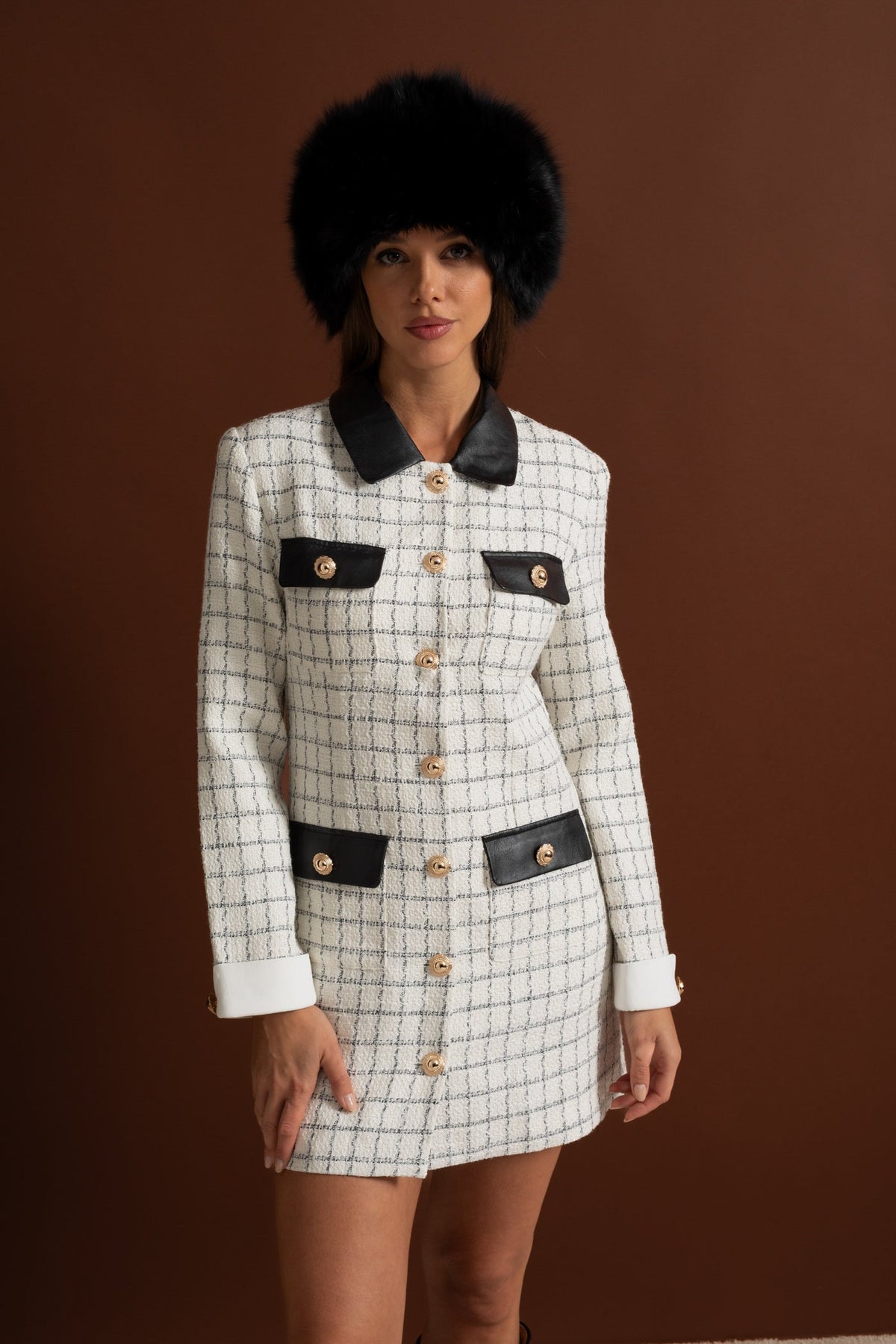 Heloise White And Black Long Sleeve Tweed Mini Dress With Contrasting Leather Details