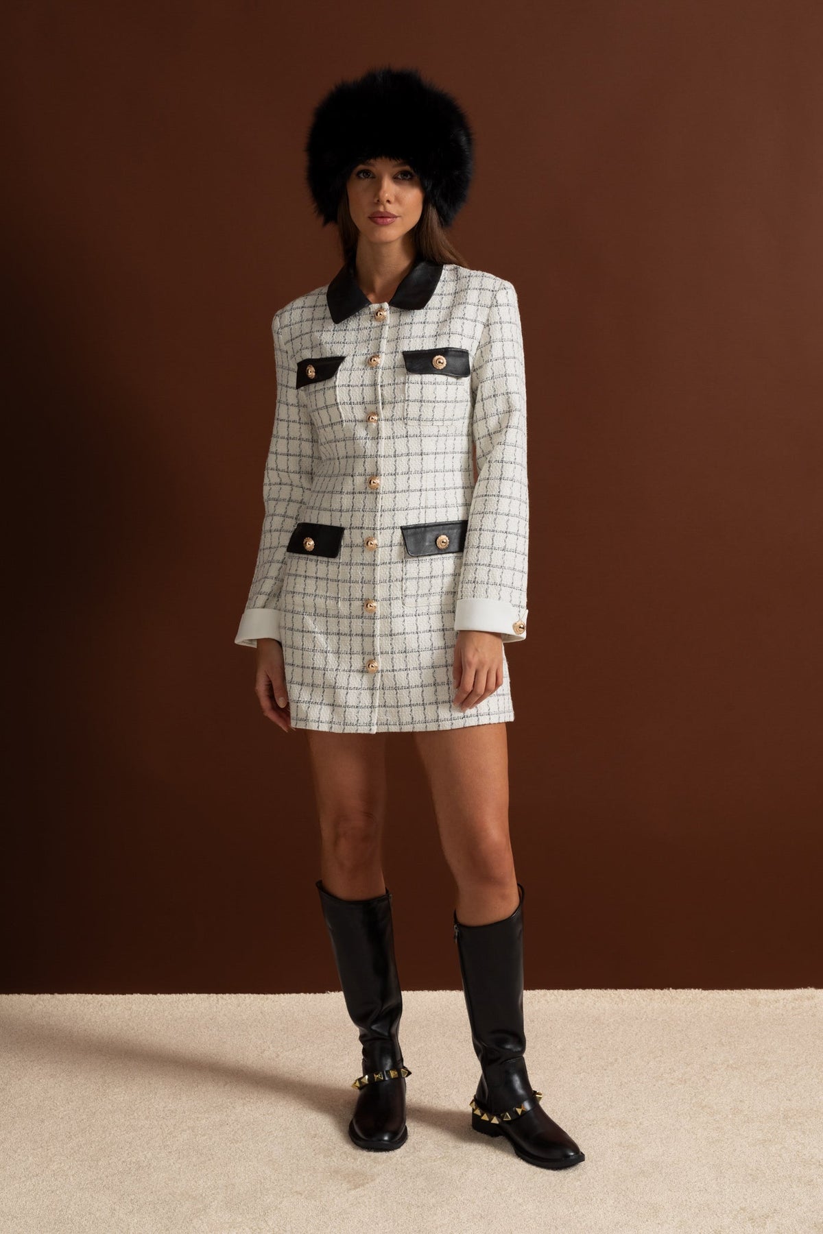 Heloise White And Black Long Sleeve Tweed Mini Dress With Contrasting Leather Details