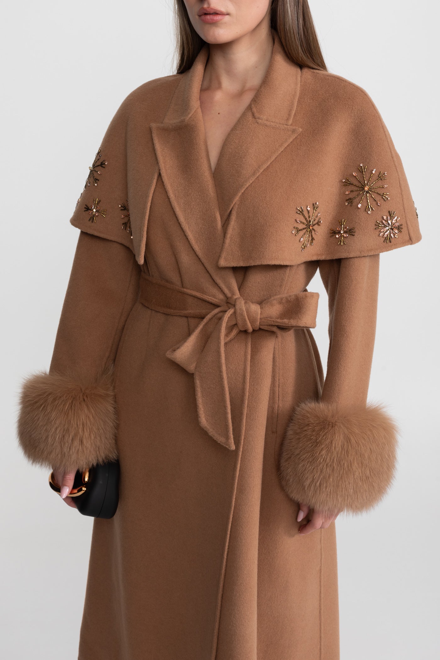 Embellished Wool Coat with Fox Fur Cuffs And Cape Overlay - Light Brown