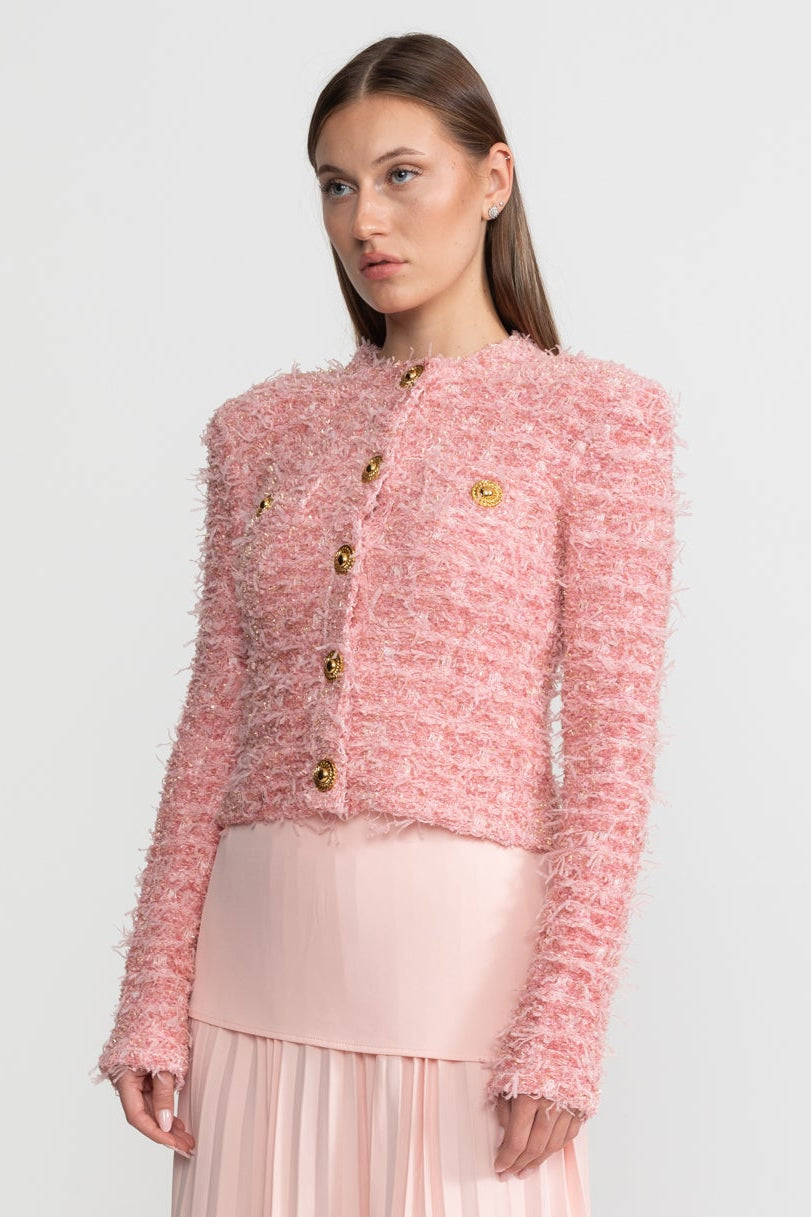 Viola Pink Textured Tweed Jacket With Gold Button Embellishments