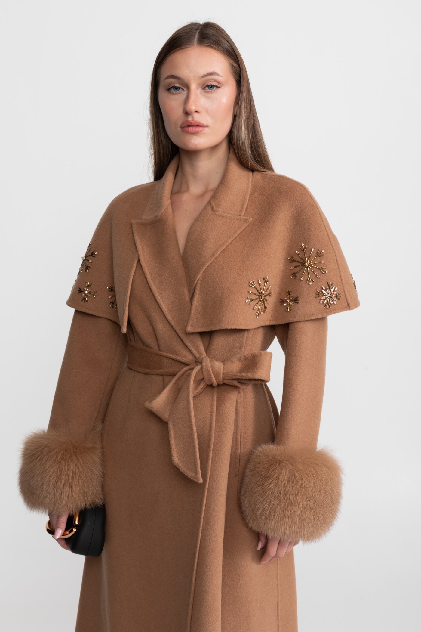 Embellished Wool Coat with Fox Fur Cuffs And Cape Overlay - Light Brown