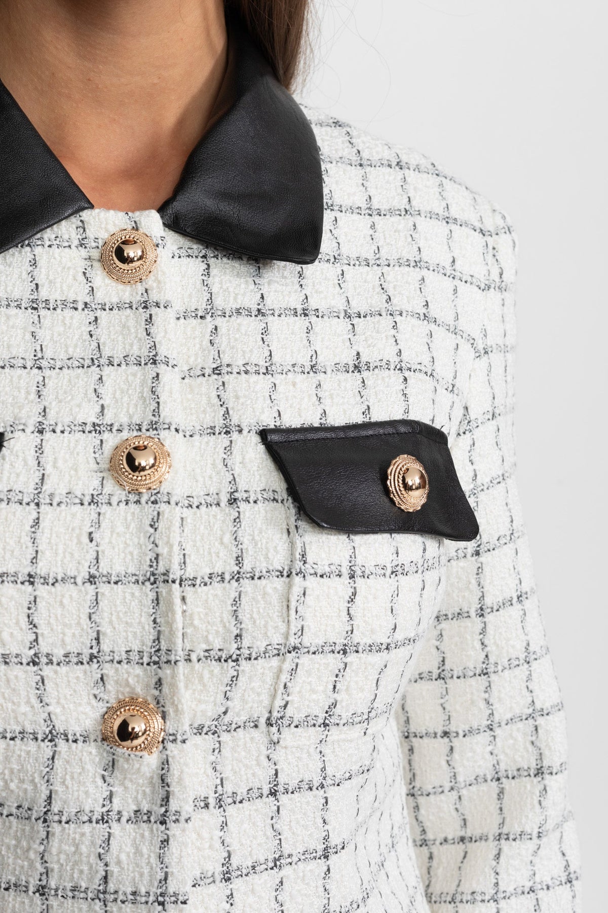 Heloise White And Black Long Sleeve Tweed Mini Dress With Contrasting Leather Details