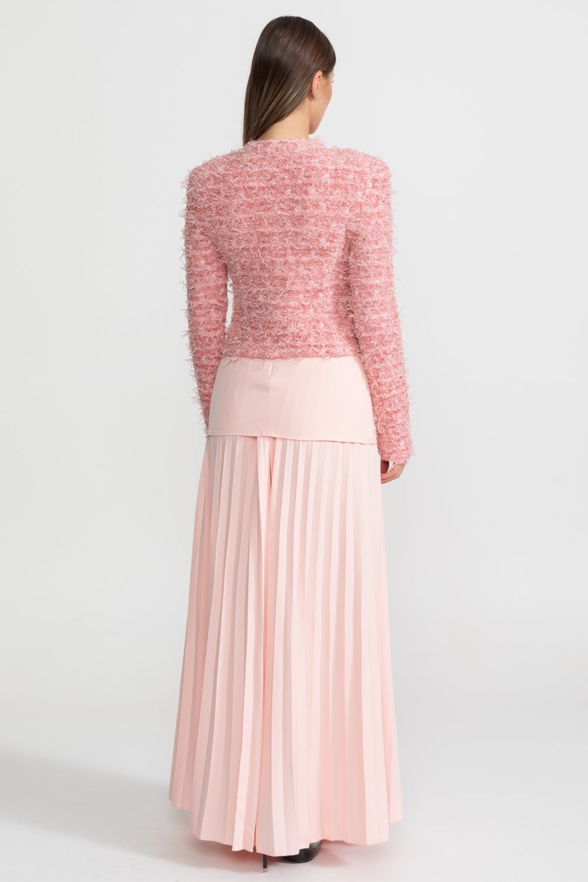 Viola Pink Textured Tweed Jacket With Gold Button Embellishments