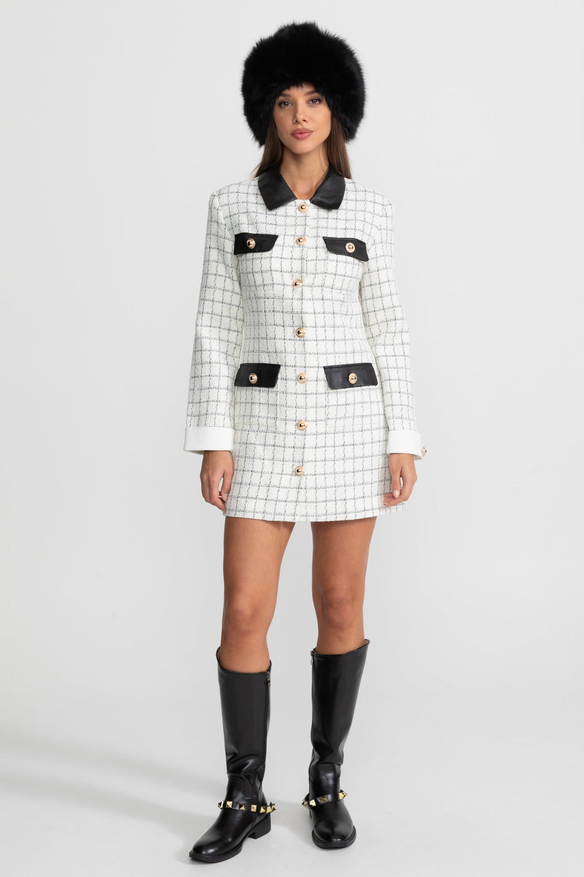 Heloise White And Black Long Sleeve Tweed Mini Dress With Contrasting Leather Details