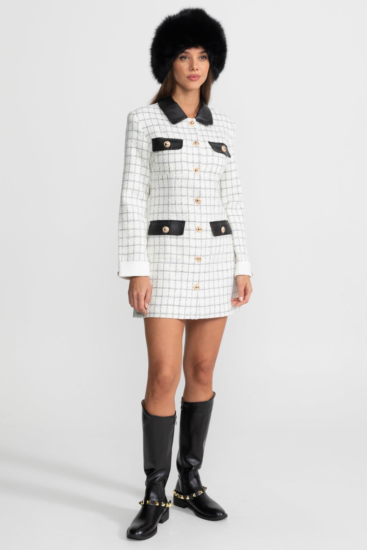 Heloise White And Black Long Sleeve Tweed Mini Dress With Contrasting Leather Details
