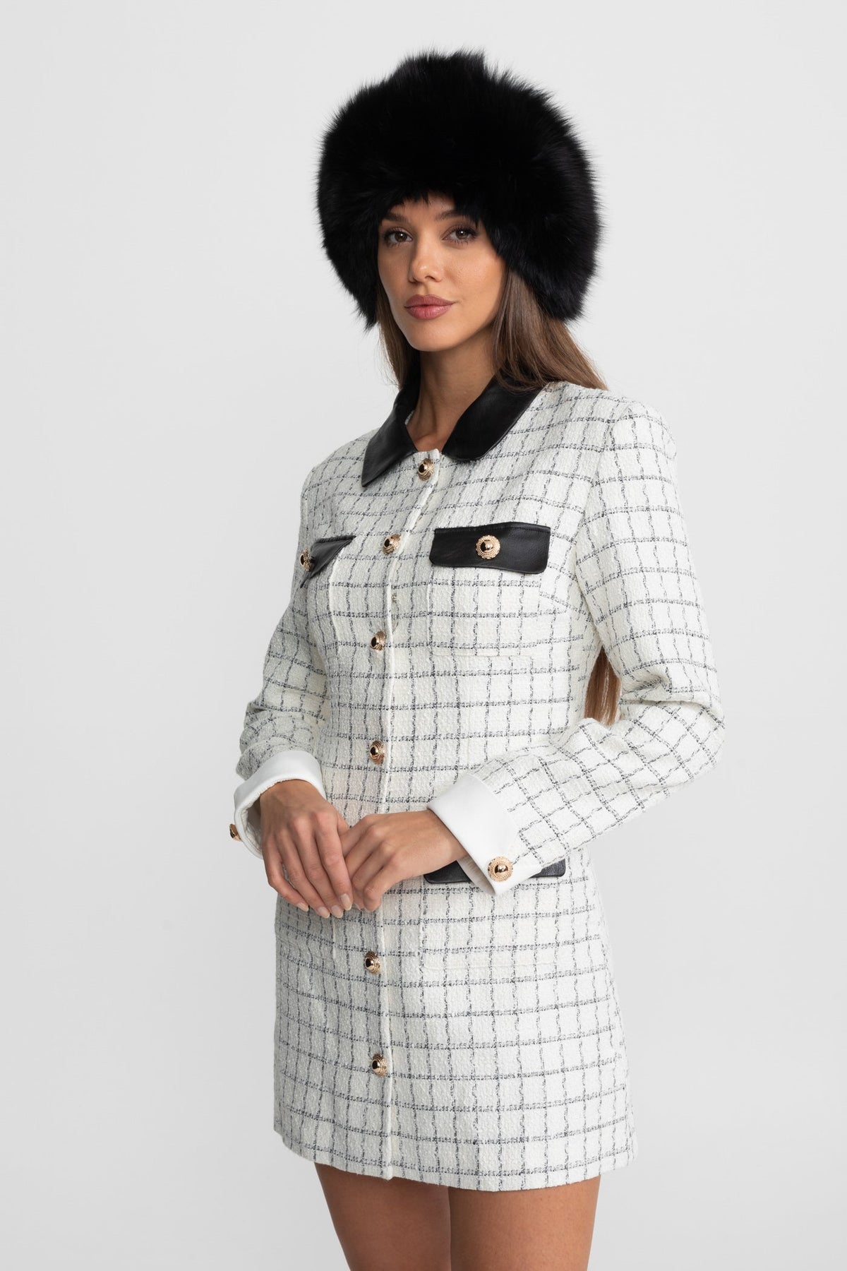 Heloise White And Black Long Sleeve Tweed Mini Dress With Contrasting Leather Details