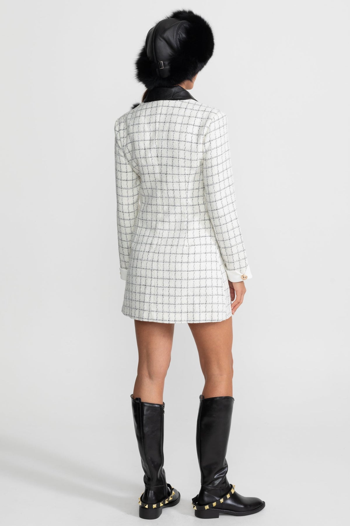 Heloise White And Black Long Sleeve Tweed Mini Dress With Contrasting Leather Details