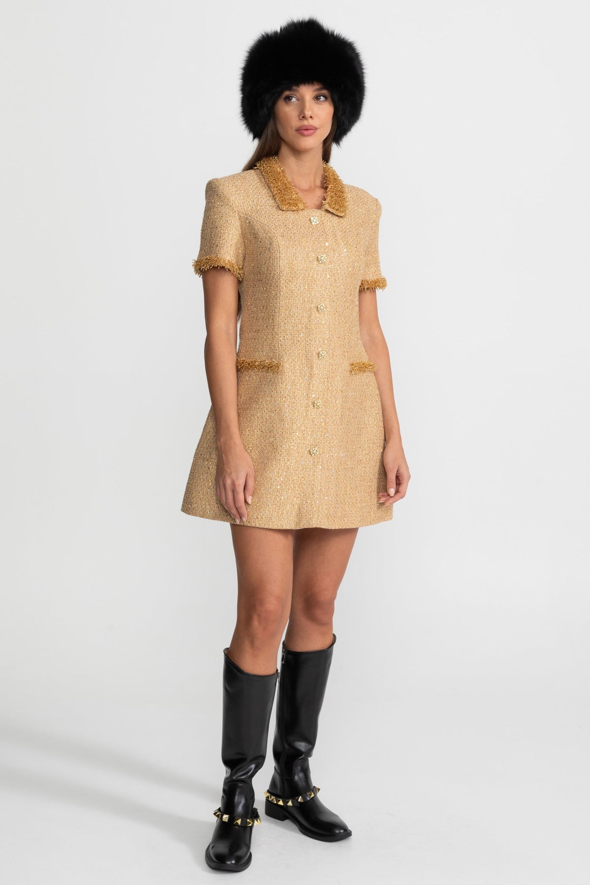 Allegra Gold Short Sleeve Tweed Mini Dress With Metallic Fringe Trim