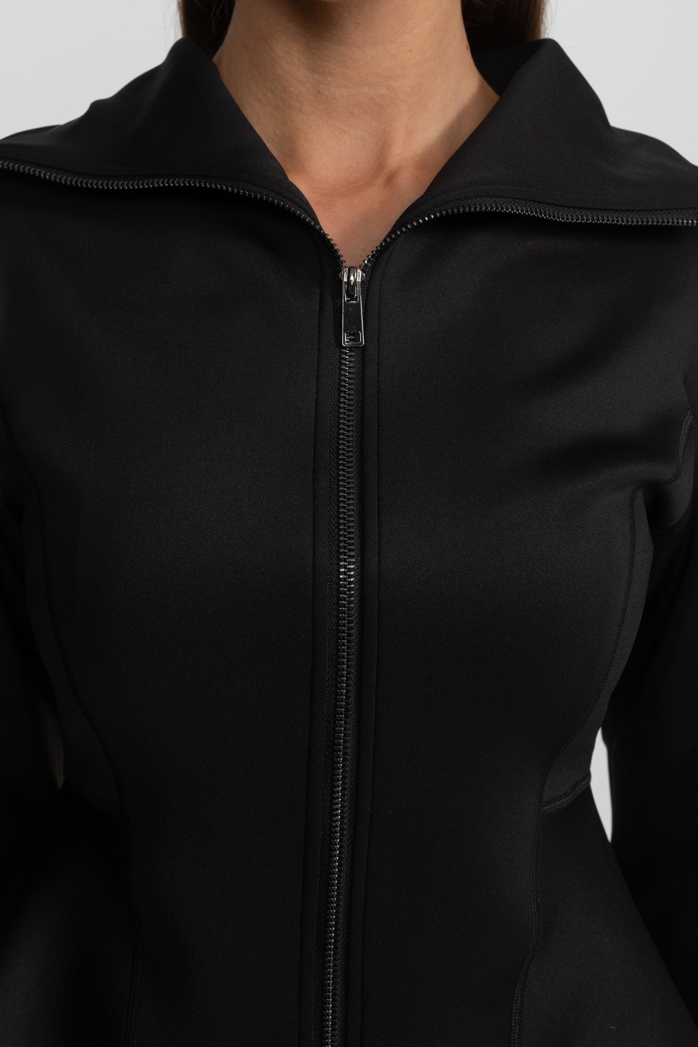 Structured Zip-Up Jacket With Sculpted Seams And High Collar - Black
